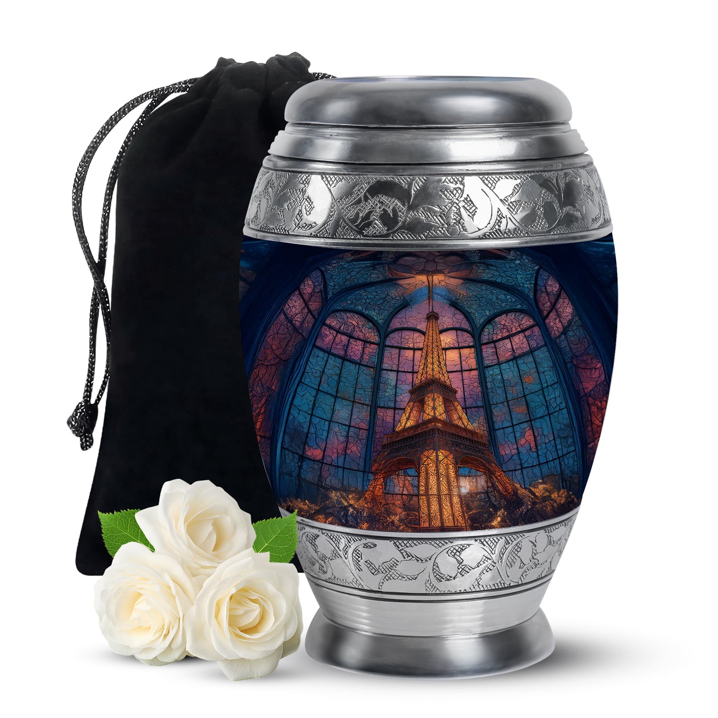 Indigo Eiffel Tower Cremation Urn back view with polished surface - ornate monarch-style eiffel tower relief on brushed aluminum - full-size 10 inch 200 cubic inch adult cremation urn