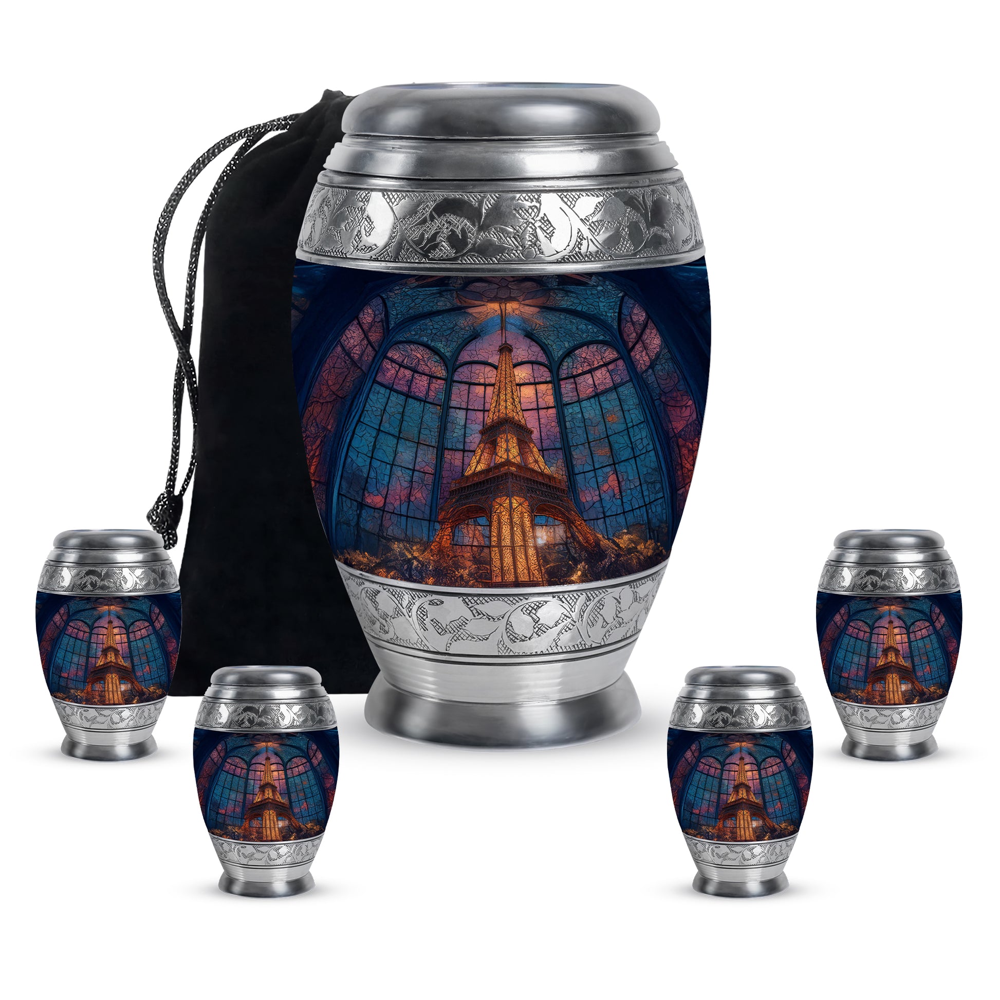 Celestial Blue Eiffel Tower Cremation Urn detail view - ornate monarch-style eiffel tower relief on brushed aluminum - memorial set with one large and four small urns