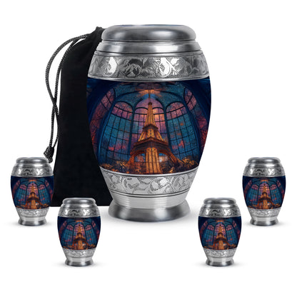 Celestial Blue Eiffel Tower Cremation Urn detail view - ornate monarch-style eiffel tower relief on brushed aluminum - memorial set with one large and four small urns