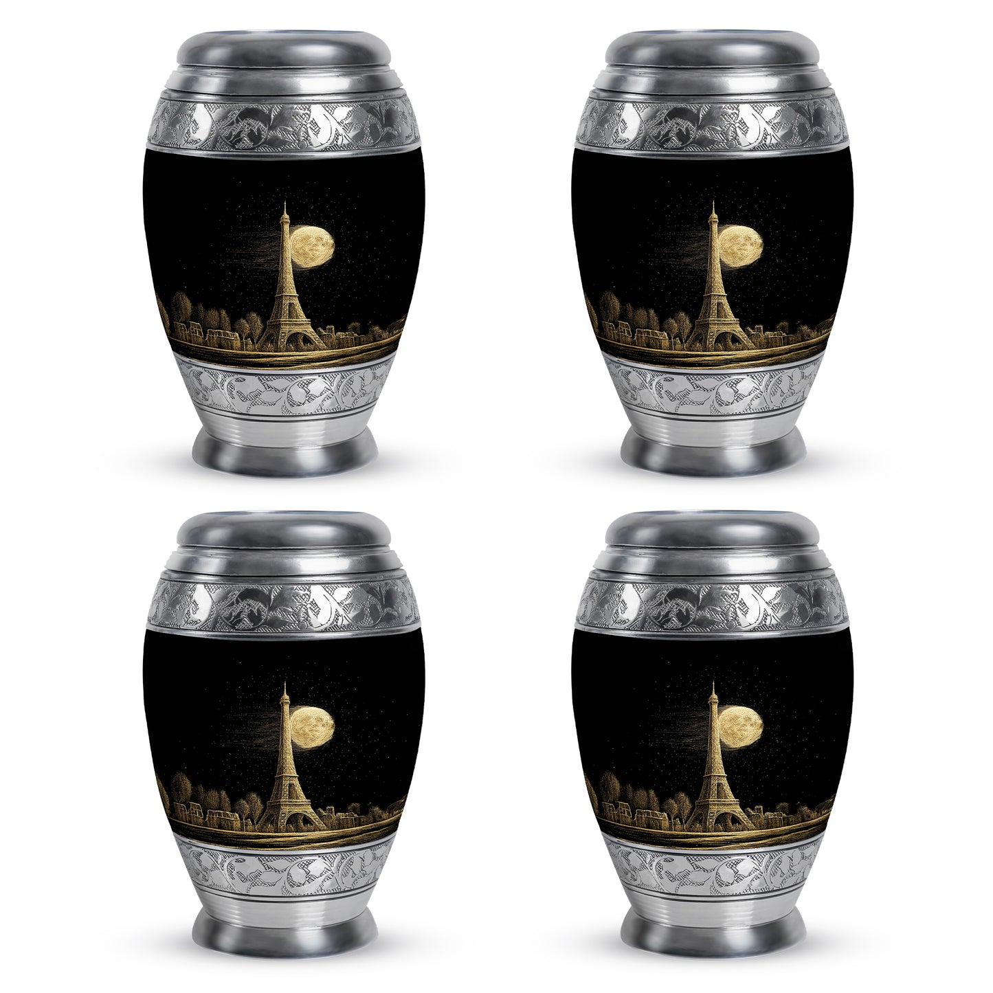 Midnight Black Eiffel Tower Cremation Urn urn with complimentary velvet bag - majestic eiffel tower pattern with filigree border - 10 inch aluminum urn for cremated remains
