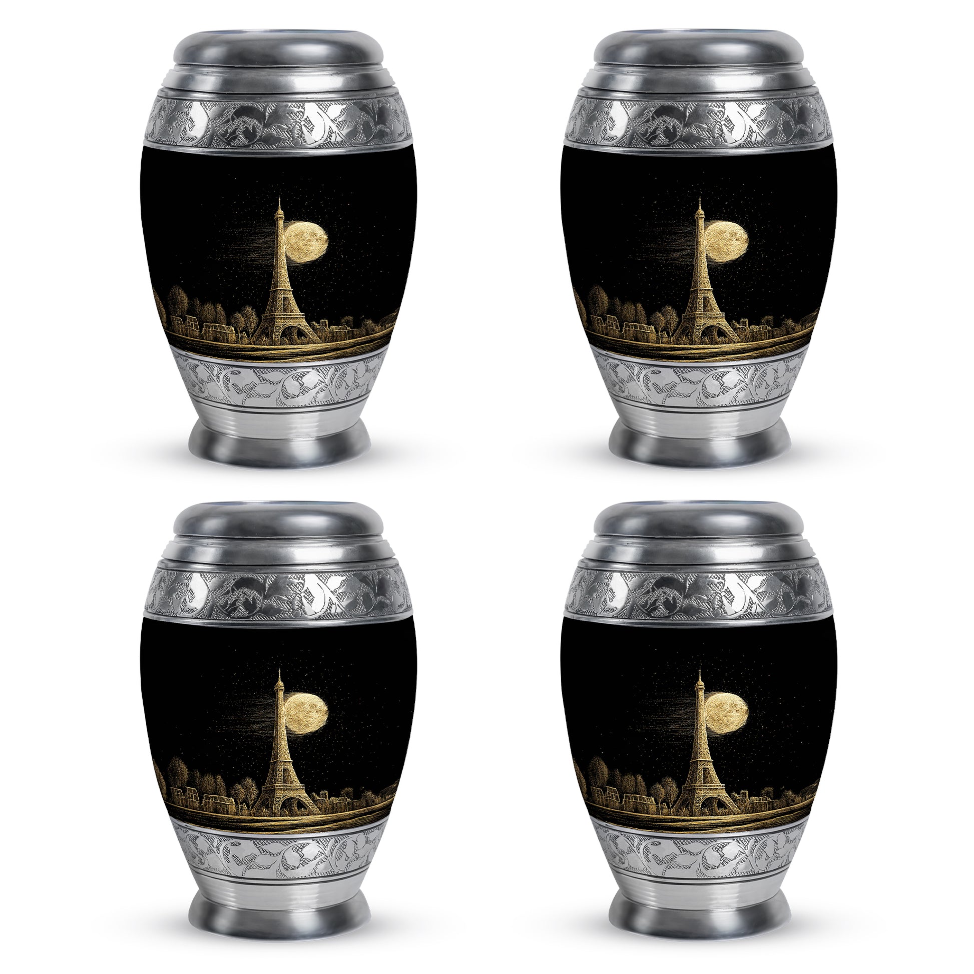 Midnight Black Eiffel Tower Cremation Urn urn with complimentary velvet bag - majestic eiffel tower pattern with filigree border - 10 inch aluminum urn for cremated remains