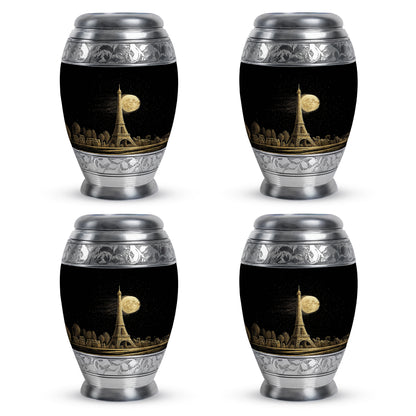 Midnight Black Eiffel Tower Cremation Urn urn with complimentary velvet bag - majestic eiffel tower pattern with filigree border - 10 inch aluminum urn for cremated remains