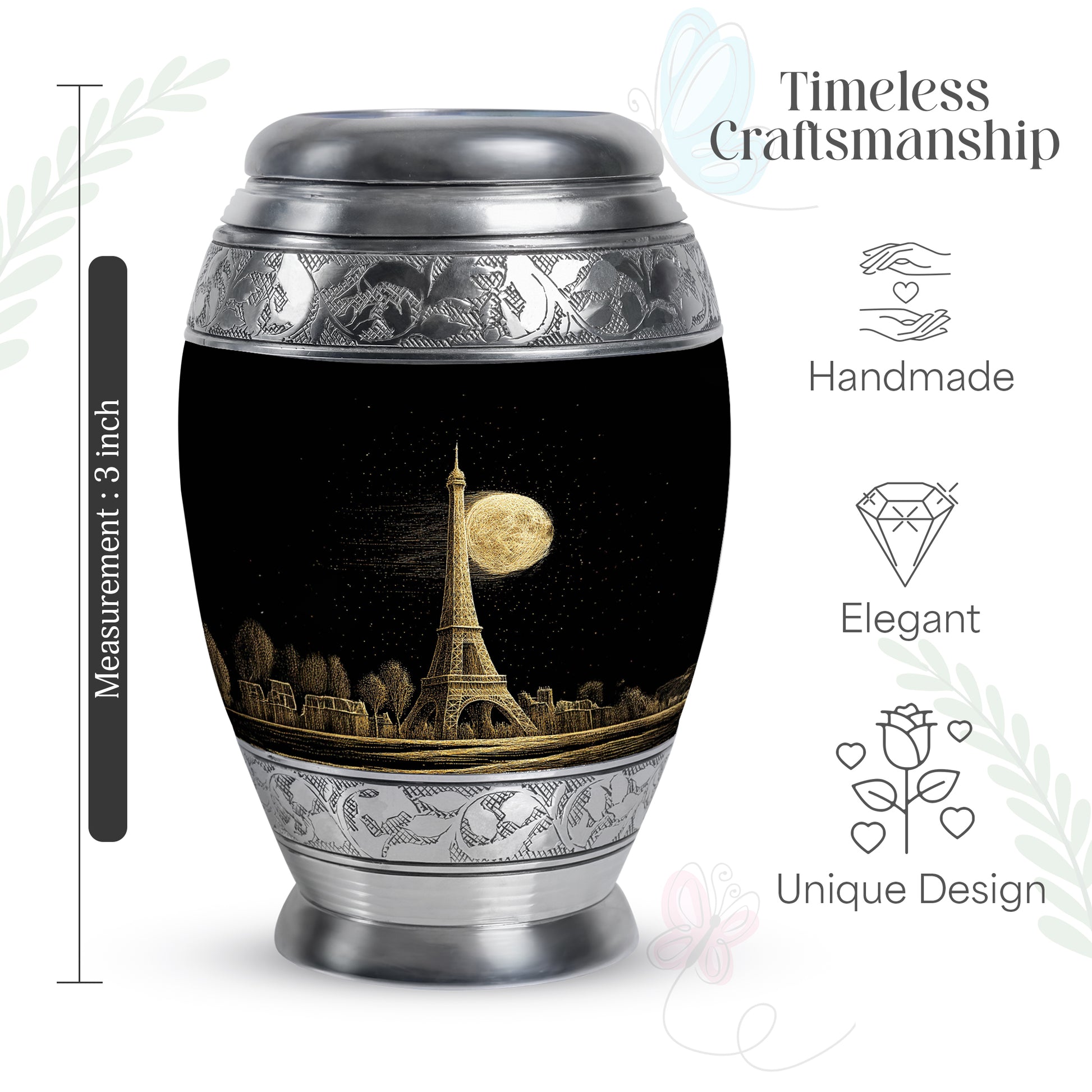 Jet Black Eiffel Tower Cremation Urn lifestyle display on memorial shelf - regal eiffel tower design with crown-inspired accents - mini keepsake memorial for portion of cremation ashes
