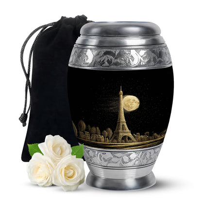 Glossy Black Eiffel Tower Cremation Urn back view with polished surface - regal eiffel tower design with crown-inspired accents - full-size 10 inch 200 cubic inch adult cremation urn