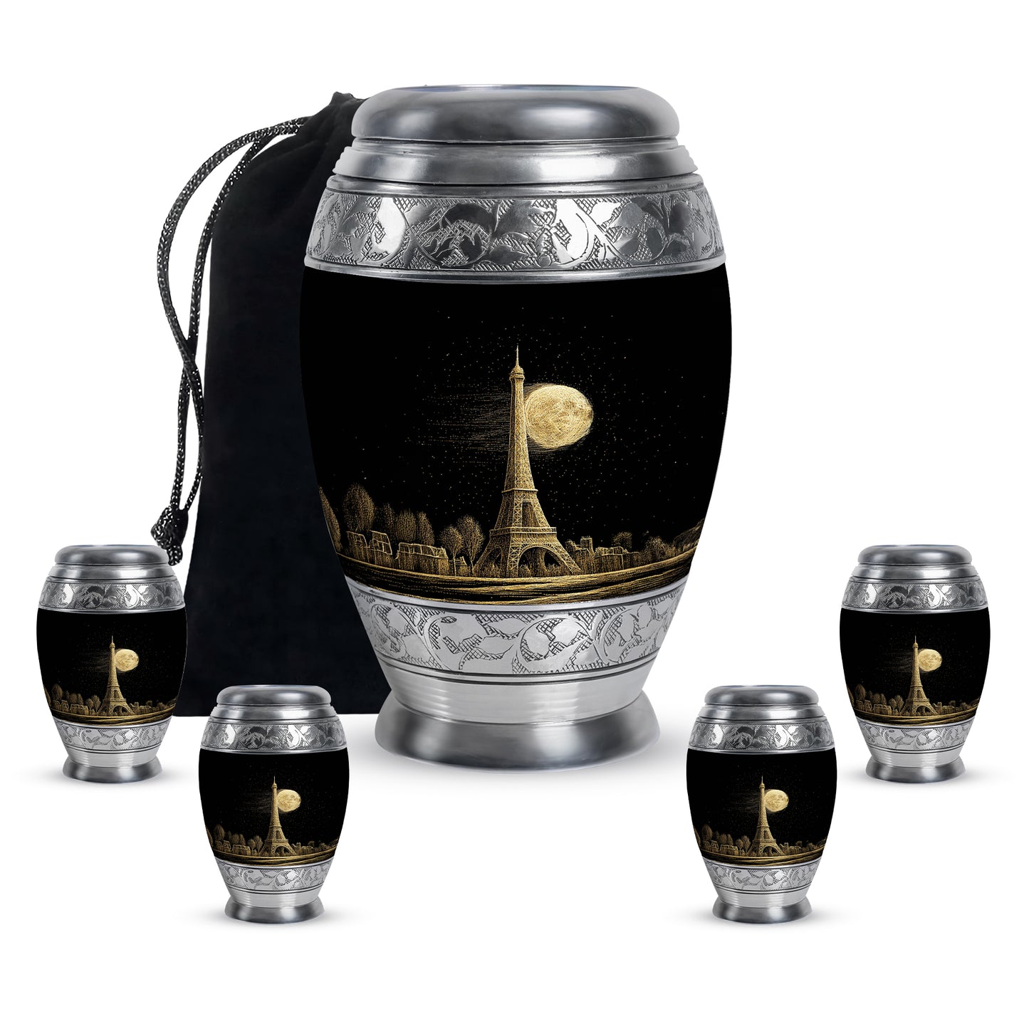Ebony Eiffel Tower Cremation Urn detail view - ornate monarch-style eiffel tower relief on brushed aluminum - memorial set with one large and four small urns