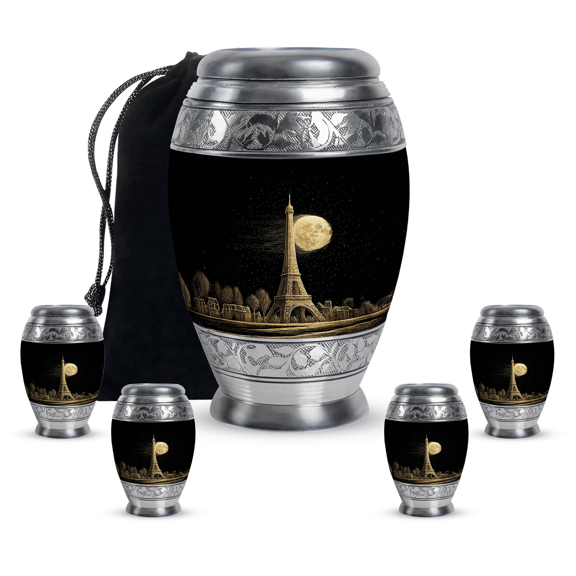 Ebony Eiffel Tower Cremation Urn detail view - ornate monarch-style eiffel tower relief on brushed aluminum - memorial set with one large and four small urns
