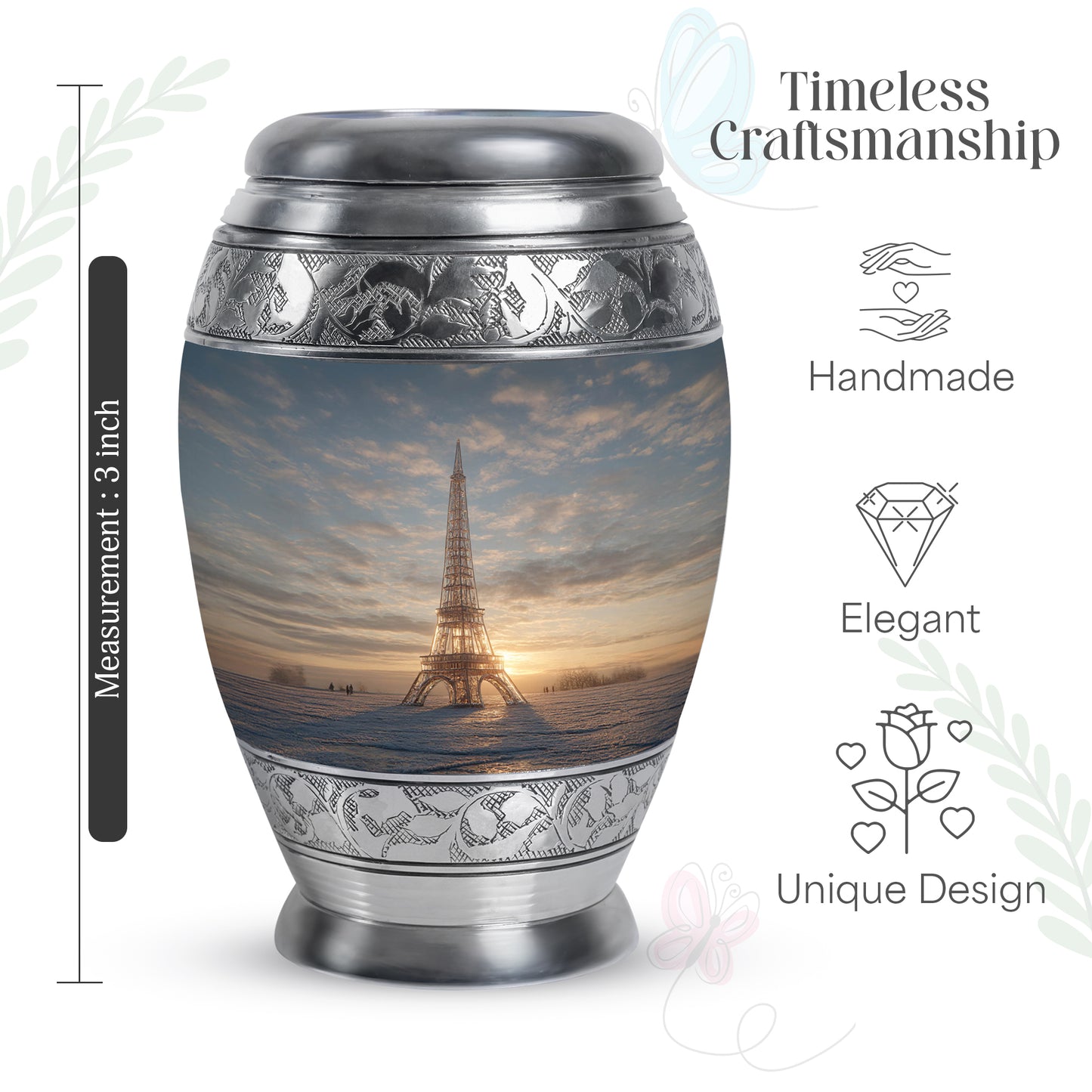 Pewter Gray Eiffel Tower Cremation Urn lifestyle display on memorial shelf - ornate monarch-style eiffel tower relief on brushed aluminum - mini keepsake memorial for portion of cremation ashes