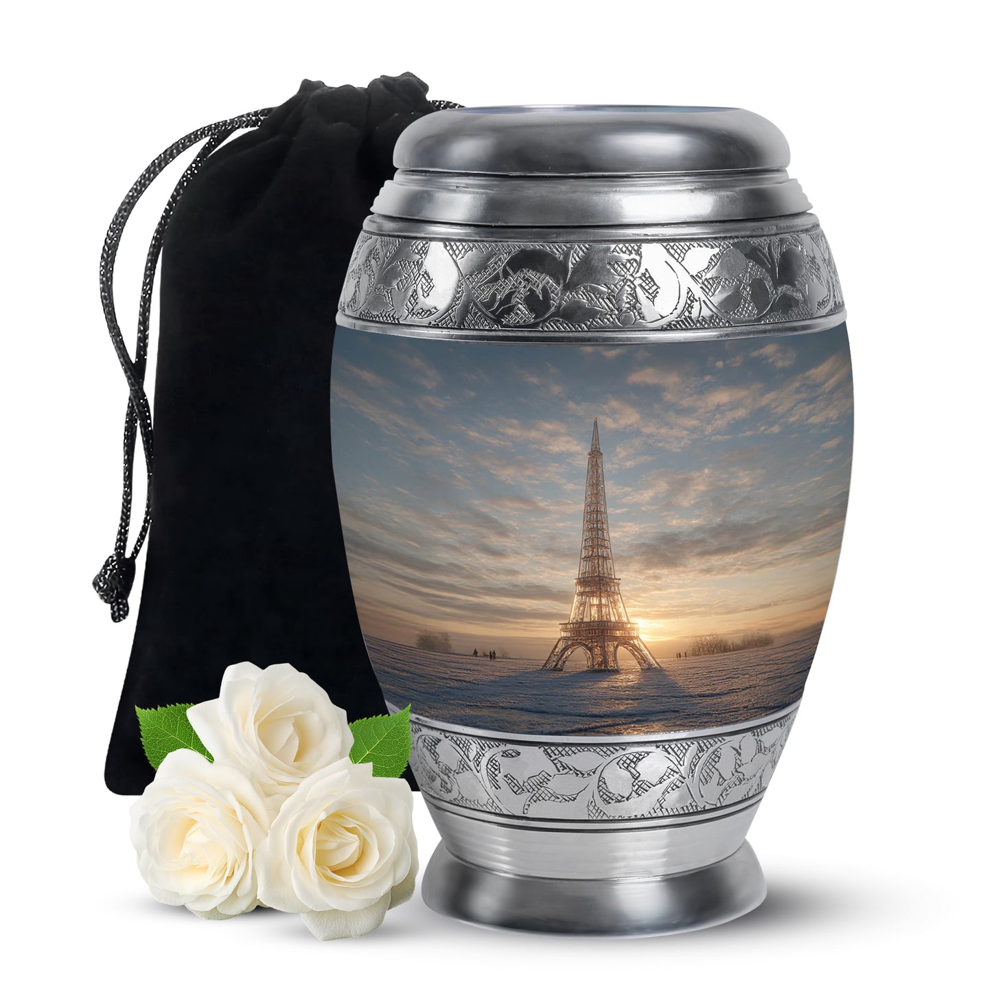 Silver Gray Eiffel Tower Cremation Urn back view with polished surface - regal eiffel tower design with crown-inspired accents - full-size 10 inch 200 cubic inch adult cremation urn