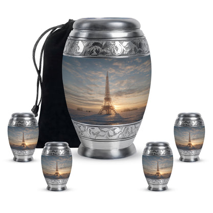 Storm Gray Eiffel Tower Cremation Urn detail view - majestic eiffel tower pattern with filigree border - memorial set with one large and four small urns