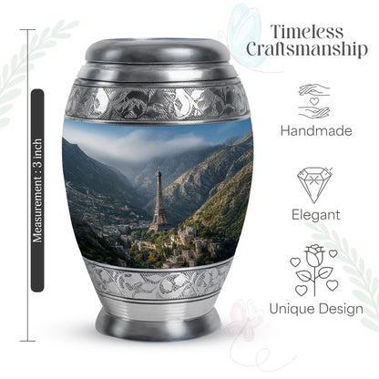 Bright Blue Eiffel Tower Cremation Urn lifestyle display on memorial shelf - royal eiffel tower engraving with decorative scrollwork - mini keepsake memorial for portion of cremation ashes