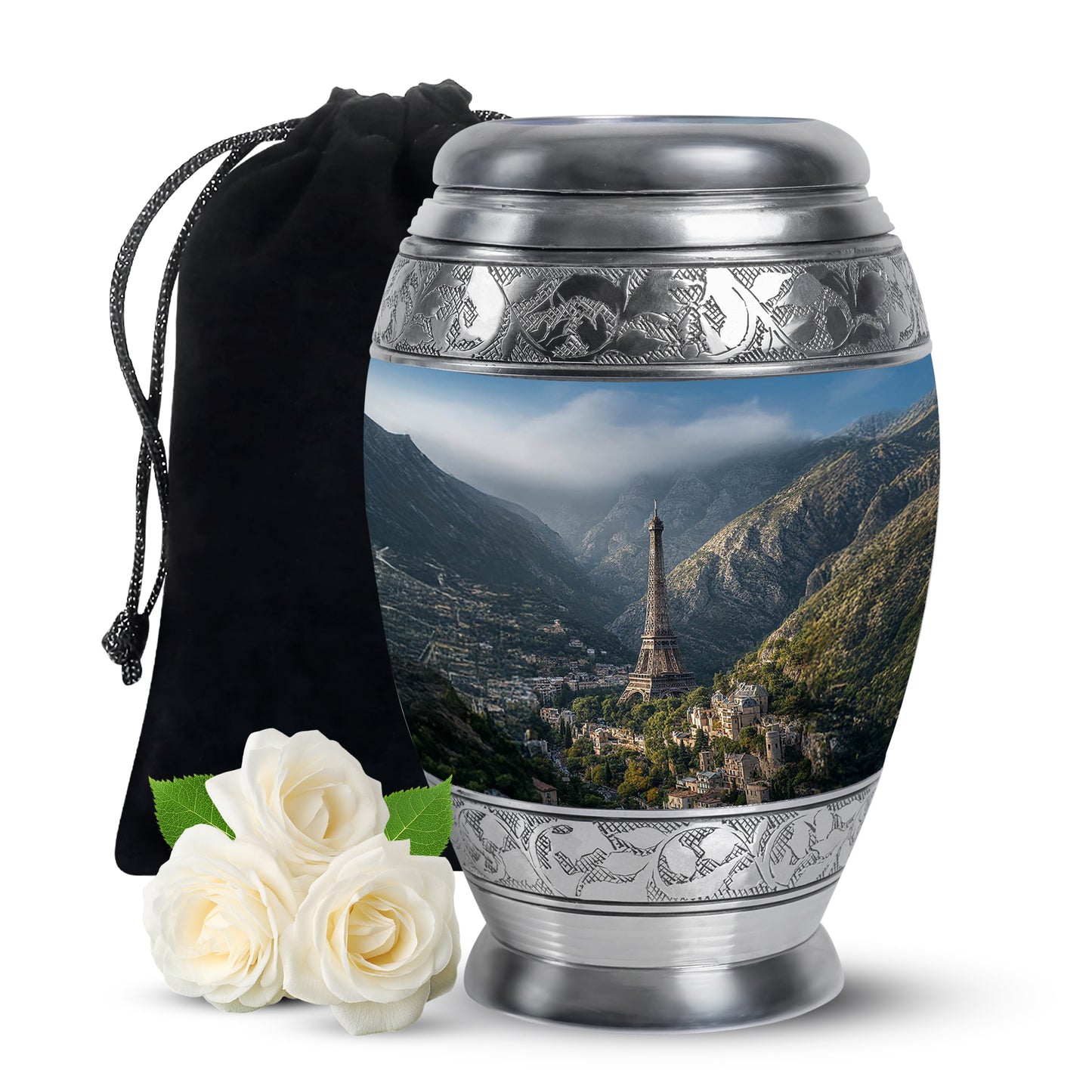Bright Blue Eiffel Tower Cremation Urn back view with polished surface - majestic eiffel tower pattern with filigree border - full-size 10 inch 200 cubic inch adult cremation urn