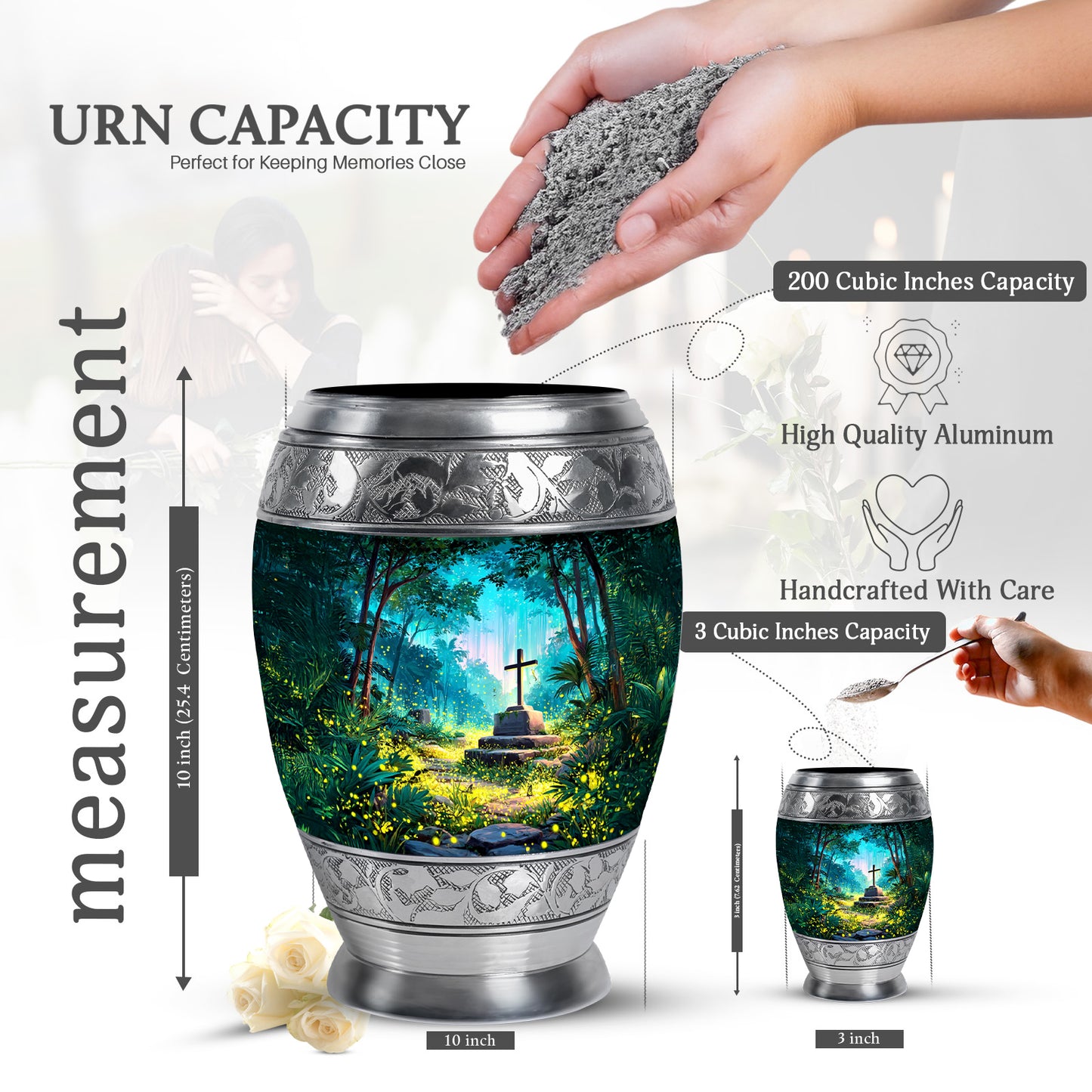 Cool Teal Cross Cremation Urn lifestyle display on memorial shelf - regal cross design with crown-inspired accents - mini keepsake memorial for portion of cremation ashes