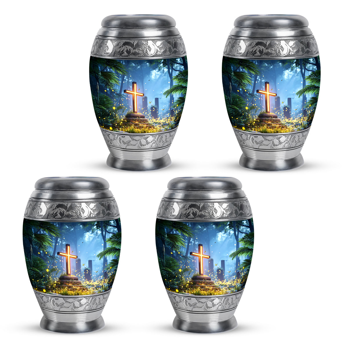 Dusty Blue Cross Cremation Urn urn with complimentary velvet bag - ornate monarch-style cross relief on brushed aluminum - 10 inch aluminum urn for cremated remains