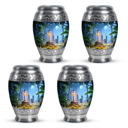 Dusty Blue Cross Cremation Urn urn with complimentary velvet bag - ornate monarch-style cross relief on brushed aluminum - 10 inch aluminum urn for cremated remains