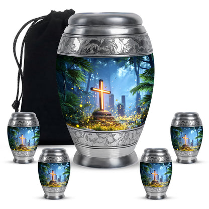 Vivid Blue Cross Cremation Urn detail view - royal cross engraving with decorative scrollwork - memorial set with one large and four small urns