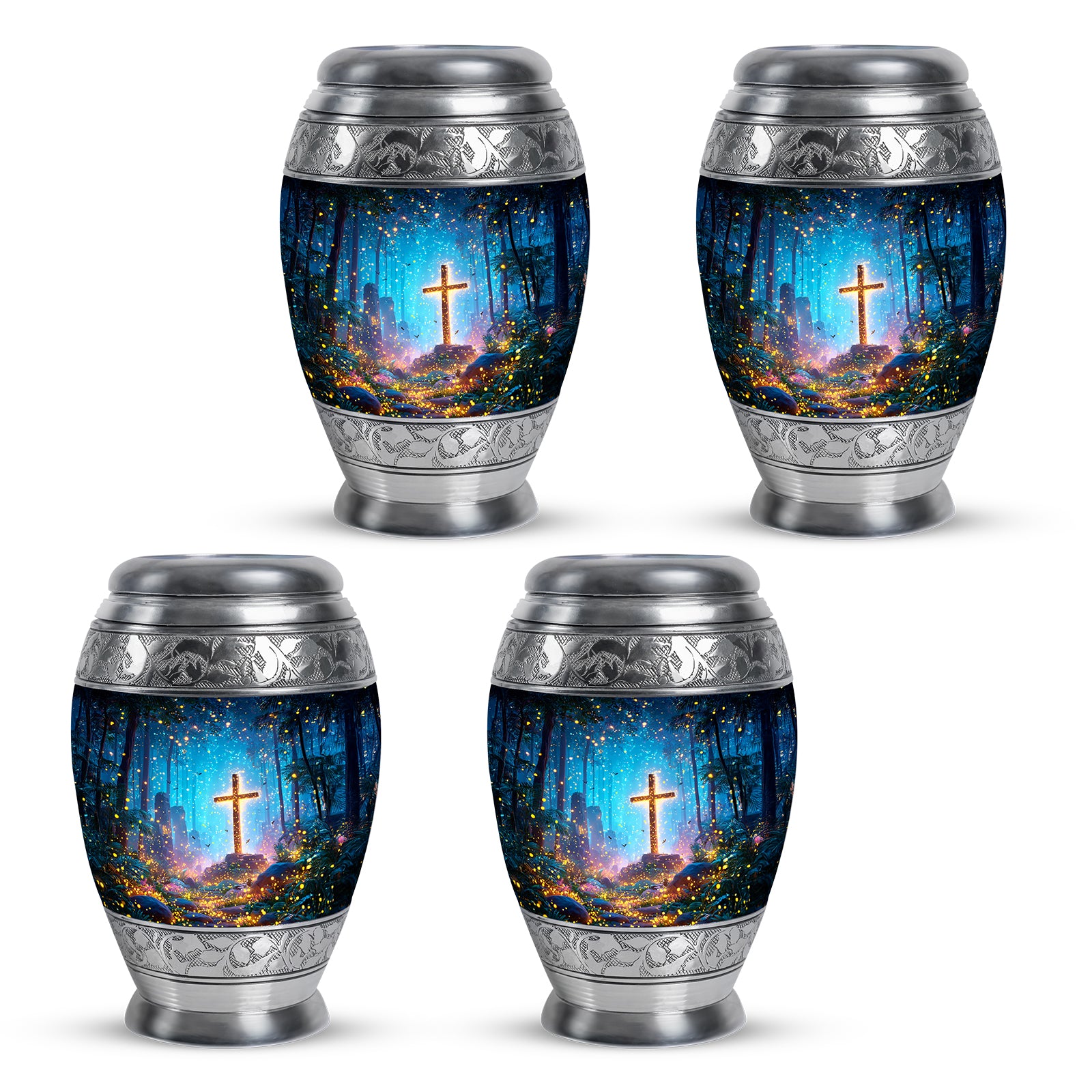 Pastel Blue Cross Cremation Urn urn with complimentary velvet bag - regal cross design with crown-inspired accents - 10 inch aluminum urn for cremated remains