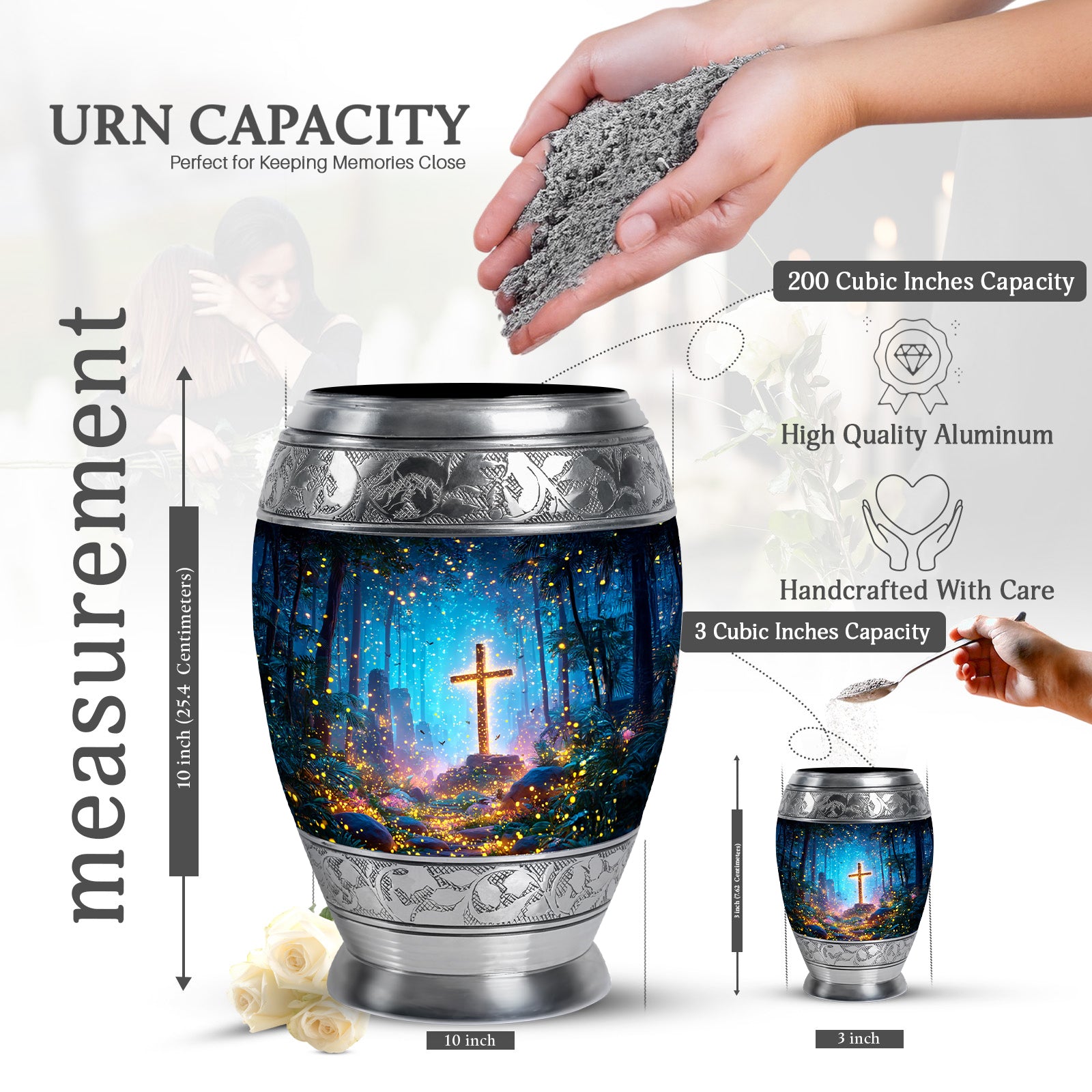 Sapphire Blue Cross Cremation Urn lifestyle display on memorial shelf - royal cross engraving with decorative scrollwork - mini keepsake memorial for portion of cremation ashes