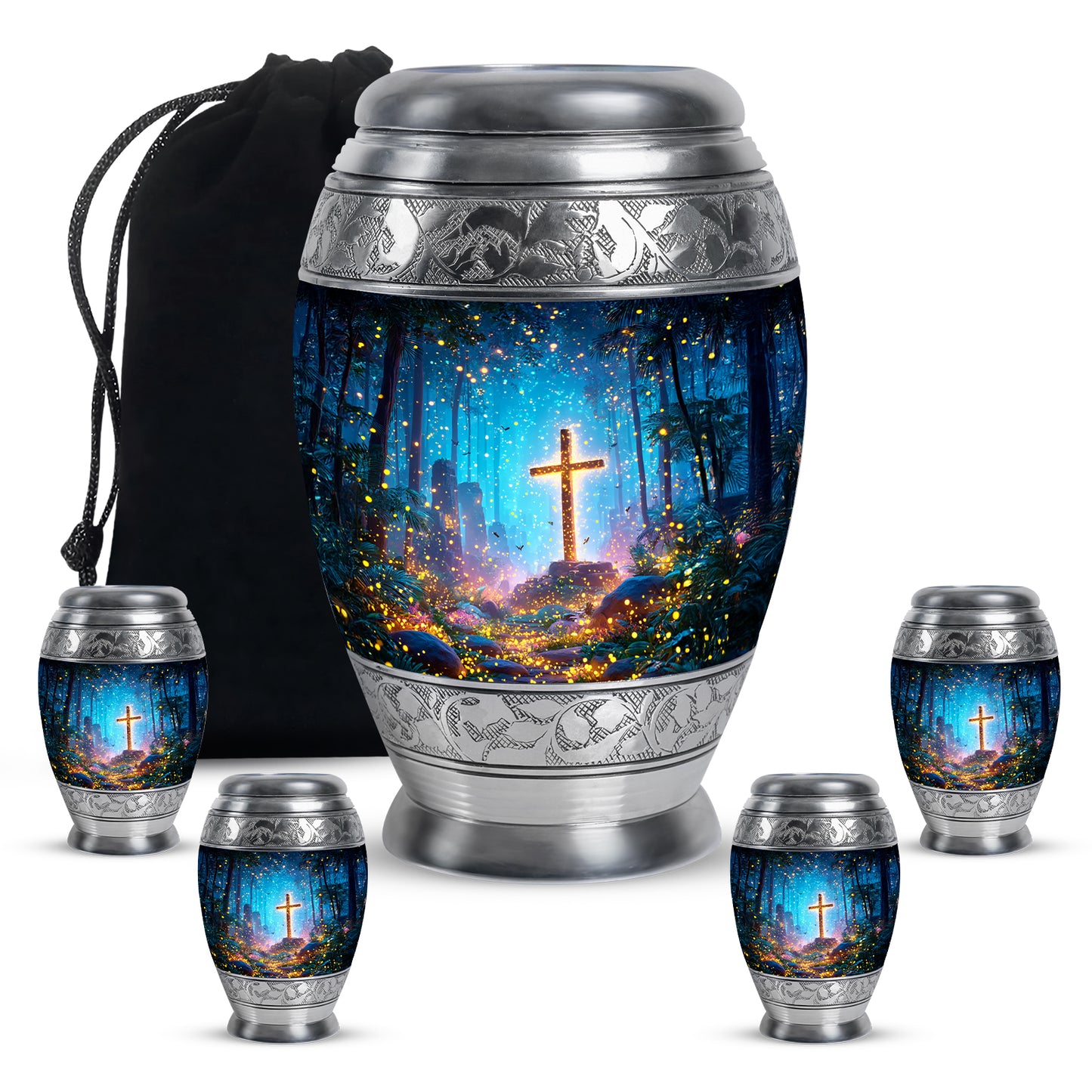 Steel Blue Cross Cremation Urn detail view - majestic cross pattern with filigree border - memorial set with one large and four small urns