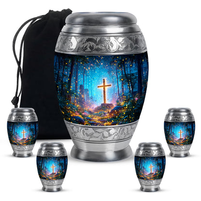 Steel Blue Cross Cremation Urn detail view - majestic cross pattern with filigree border - memorial set with one large and four small urns