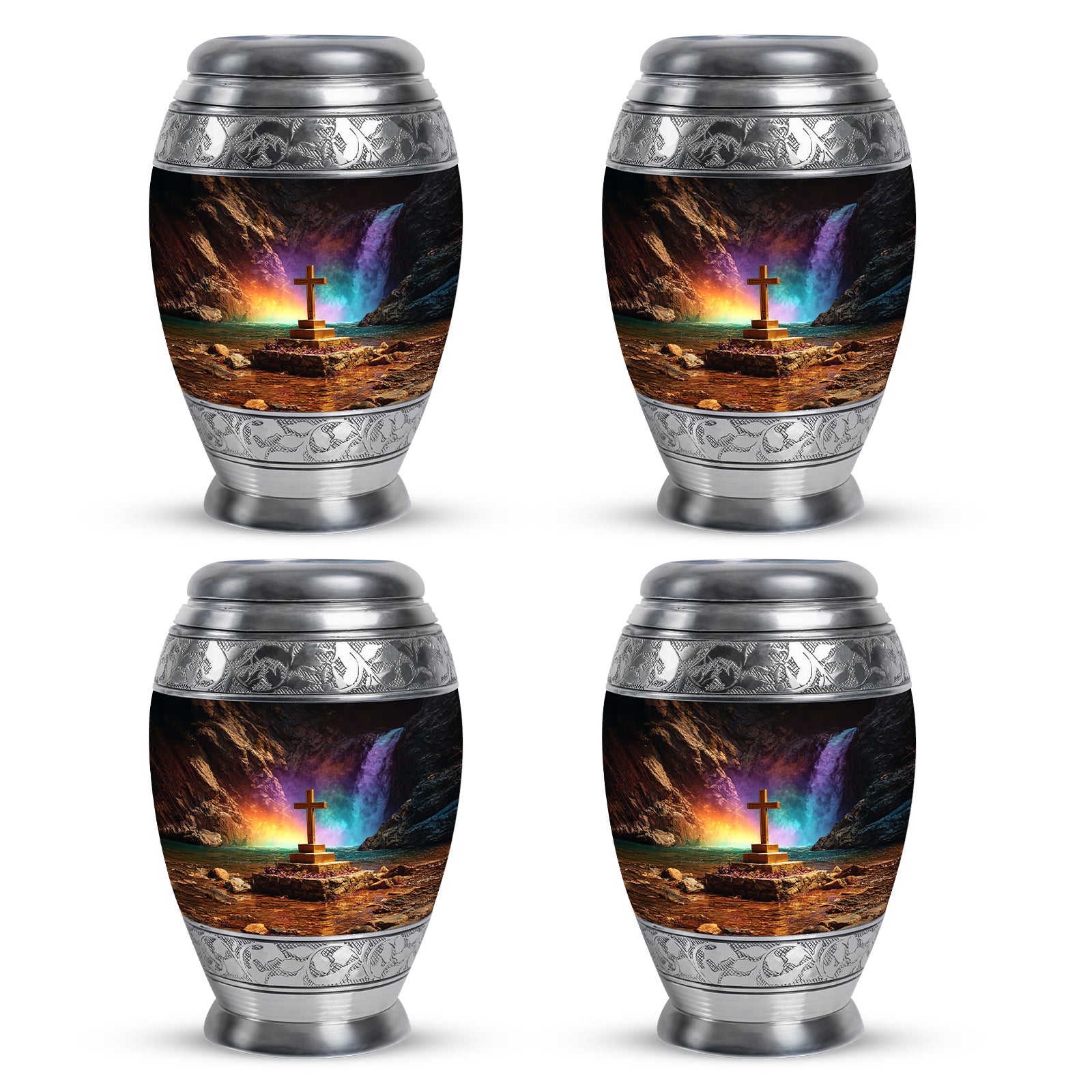 Ebony Cross Cremation Urn urn with complimentary velvet bag - ornate monarch-style cross relief on brushed aluminum - 10 inch aluminum urn for cremated remains