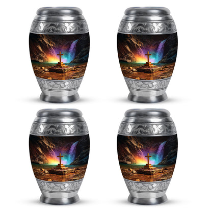 Ebony Cross Cremation Urn urn with complimentary velvet bag - ornate monarch-style cross relief on brushed aluminum - 10 inch aluminum urn for cremated remains