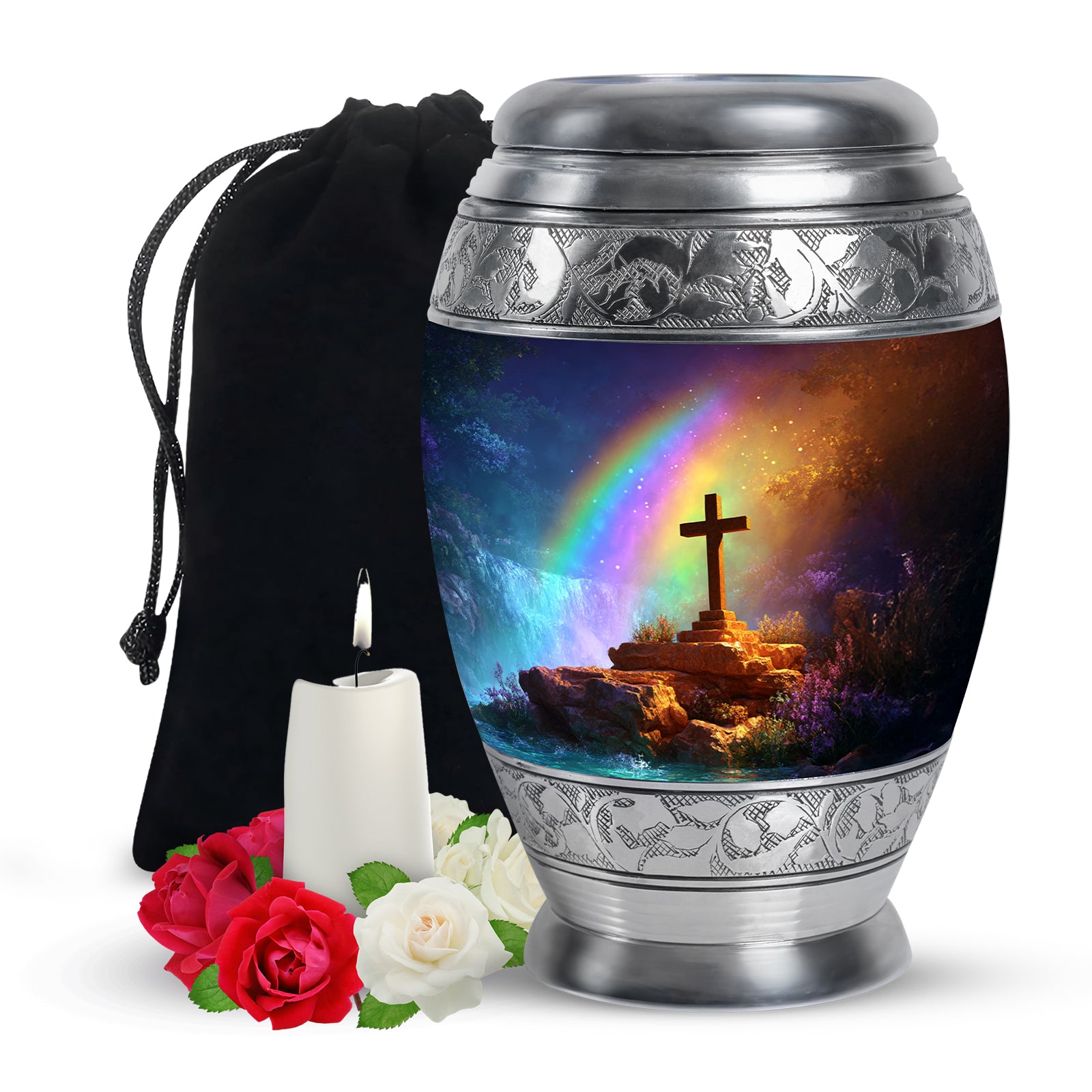 Petal Pink Cross Cremation Urn back view with polished surface - majestic cross pattern with filigree border - full-size 10 inch 200 cubic inch adult cremation urn