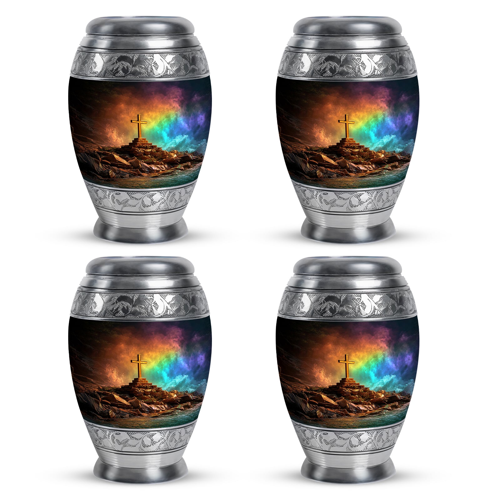 Jet Black Cross Cremation Urn urn with complimentary velvet bag - regal cross design with crown-inspired accents - 10 inch aluminum urn for cremated remains