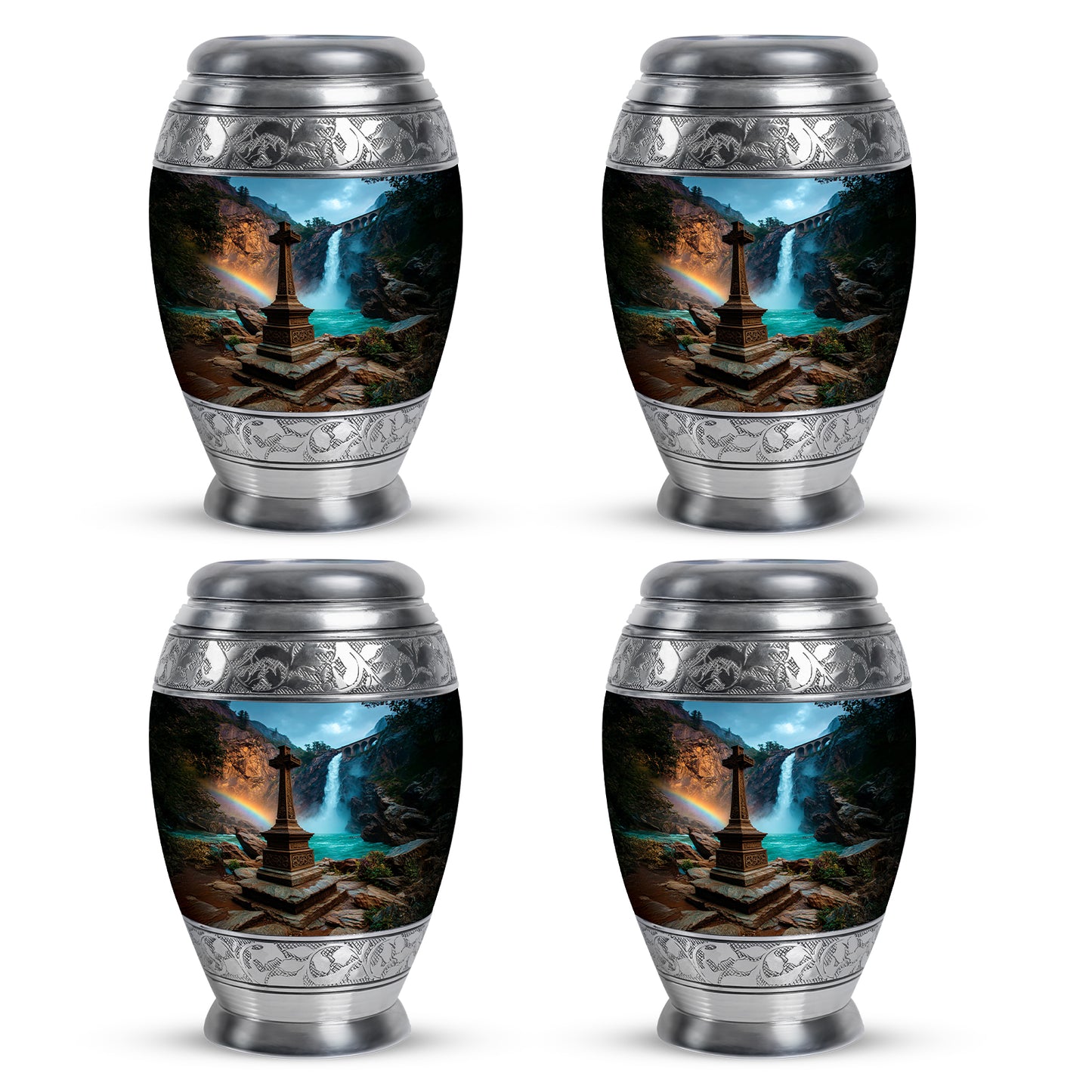Cornflower Blue Cross Cremation Urn urn with complimentary velvet bag - majestic cross pattern with filigree border - 10 inch aluminum urn for cremated remains