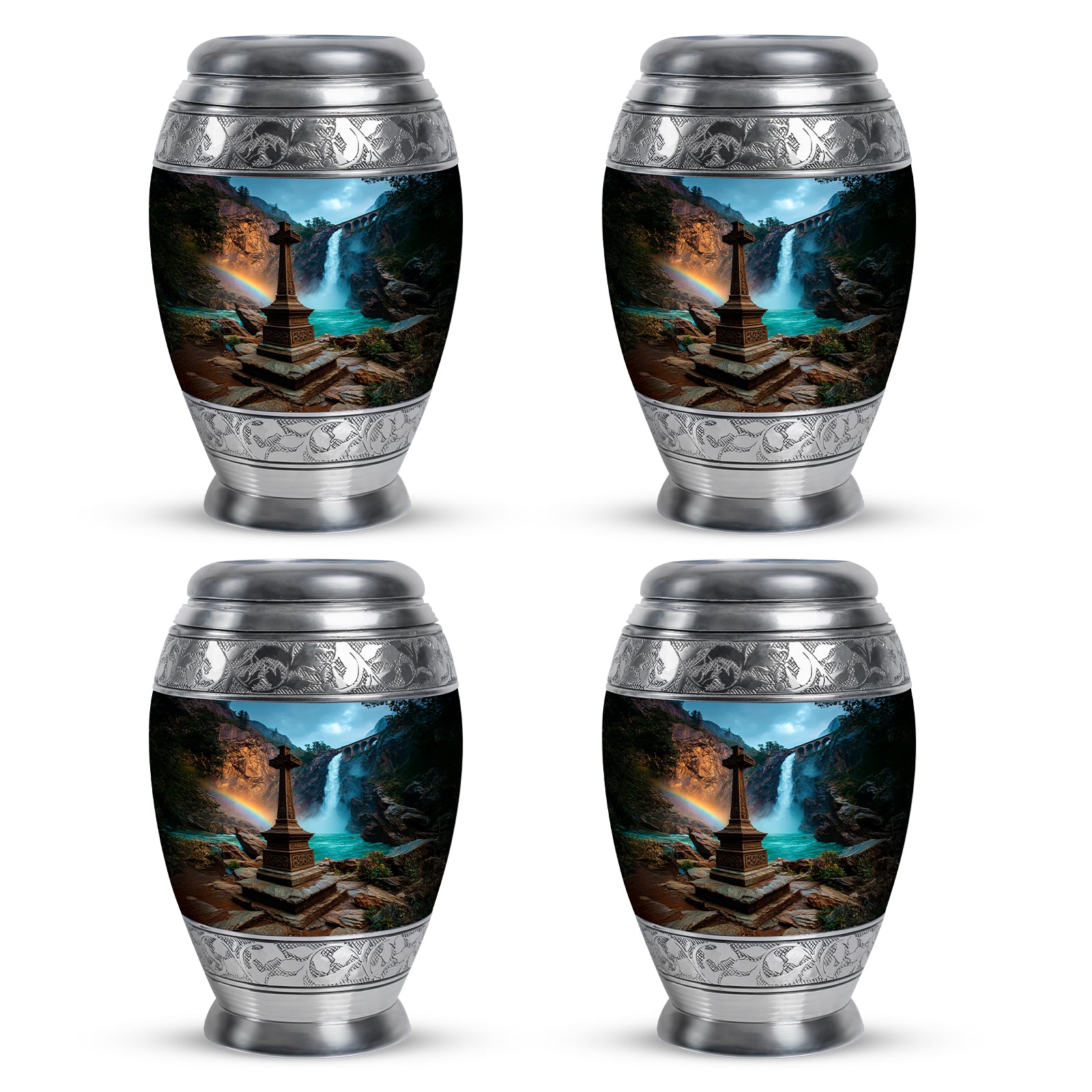Cornflower Blue Cross Cremation Urn urn with complimentary velvet bag - majestic cross pattern with filigree border - 10 inch aluminum urn for cremated remains