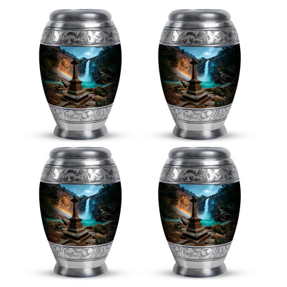 Cornflower Blue Cross Cremation Urn urn with complimentary velvet bag - majestic cross pattern with filigree border - 10 inch aluminum urn for cremated remains