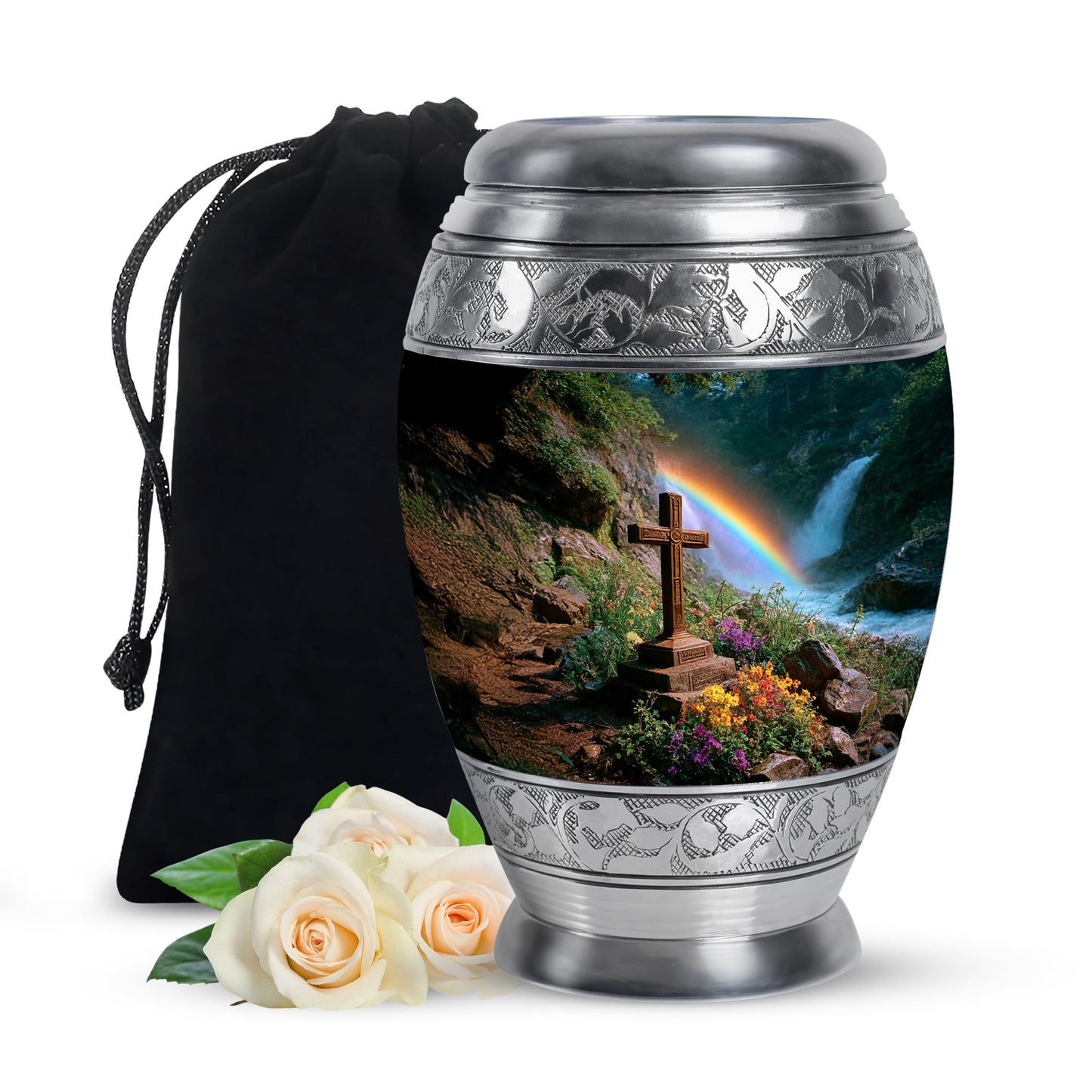 Forest Green Cross Cremation Urn back view with polished surface - majestic cross pattern with filigree border - full-size 10 inch 200 cubic inch adult cremation urn