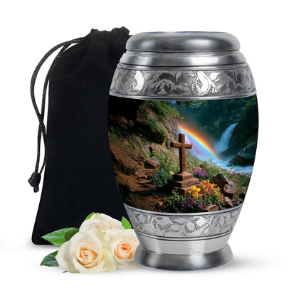 Forest Green Cross Cremation Urn back view with polished surface - majestic cross pattern with filigree border - full-size 10 inch 200 cubic inch adult cremation urn