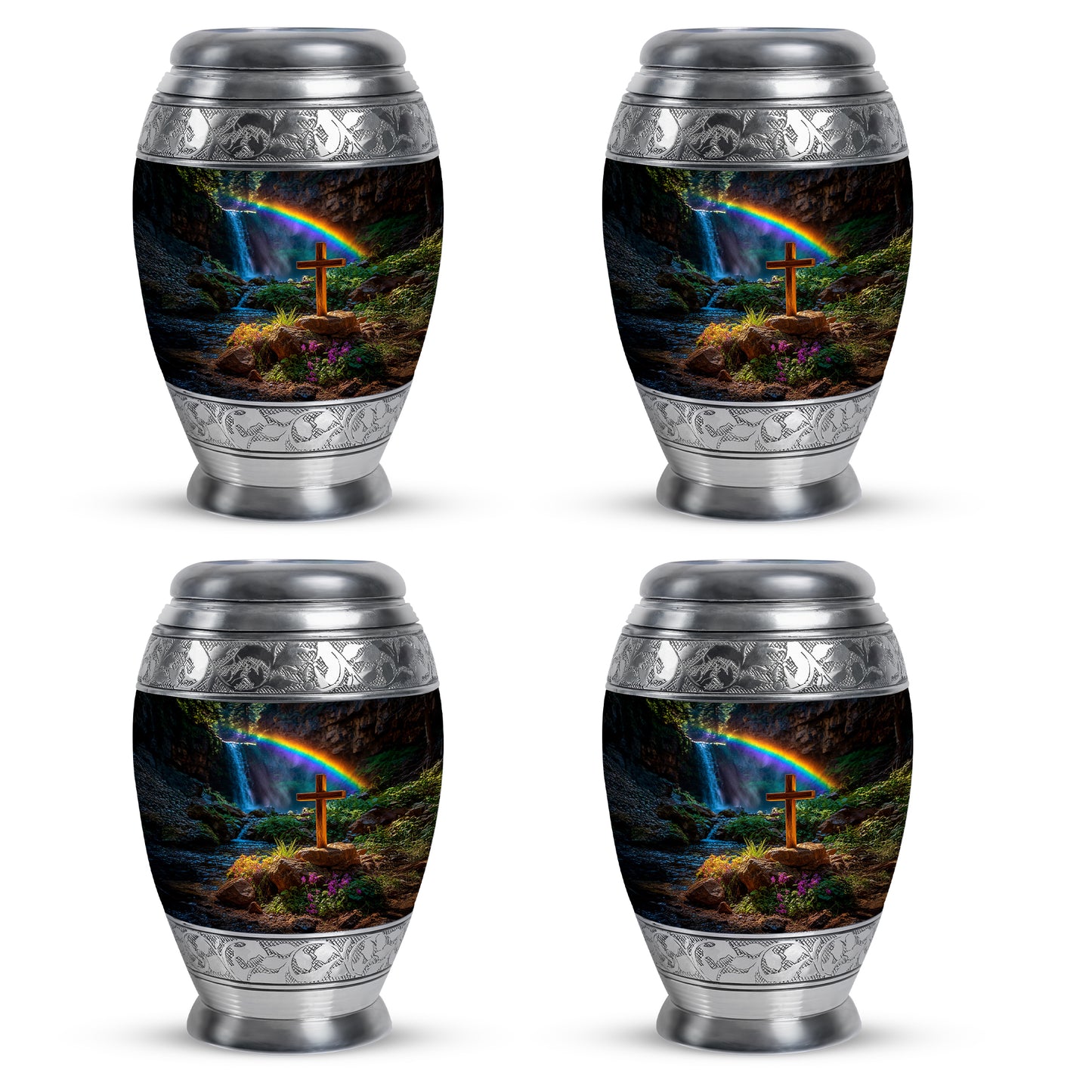 Rich Black Cross Cremation Urn urn with complimentary velvet bag - regal cross design with crown-inspired accents - 10 inch aluminum urn for cremated remains