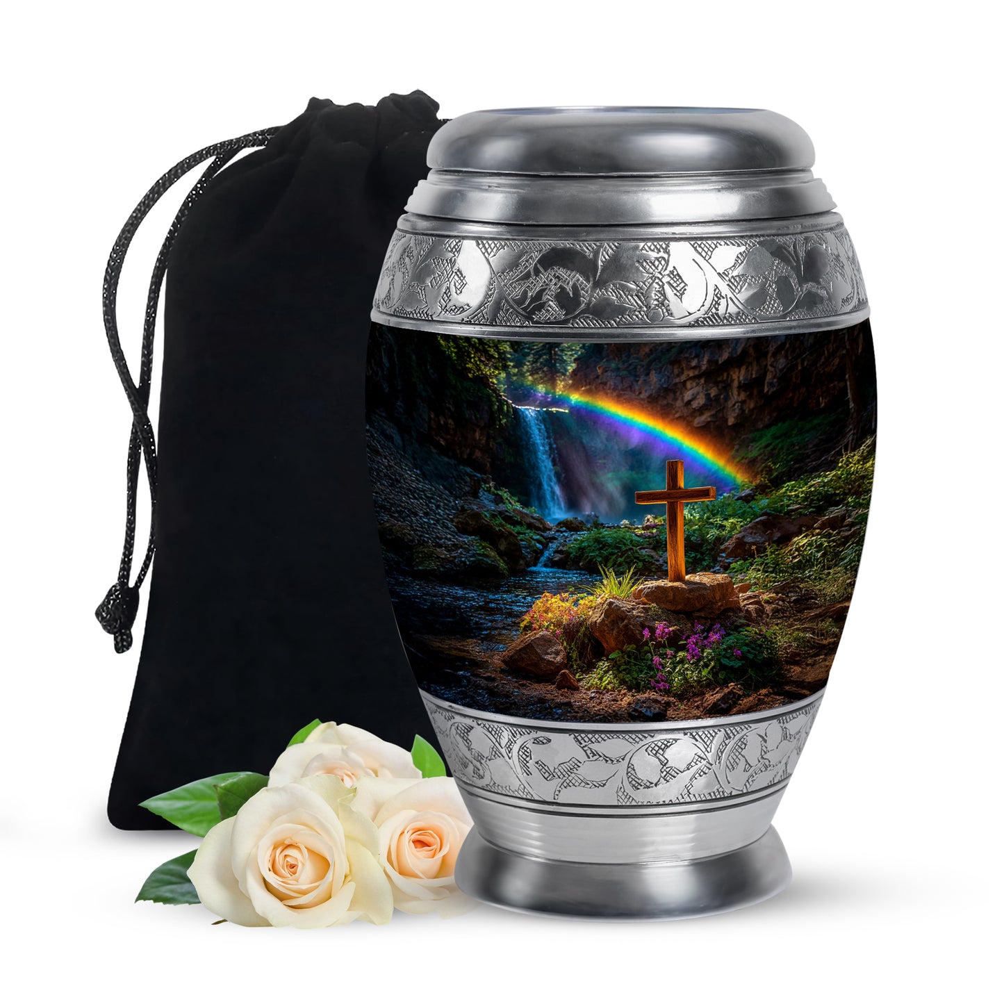 Deep Black Cross Cremation Urn back view with polished surface - regal cross design with crown-inspired accents - full-size 10 inch 200 cubic inch adult cremation urn