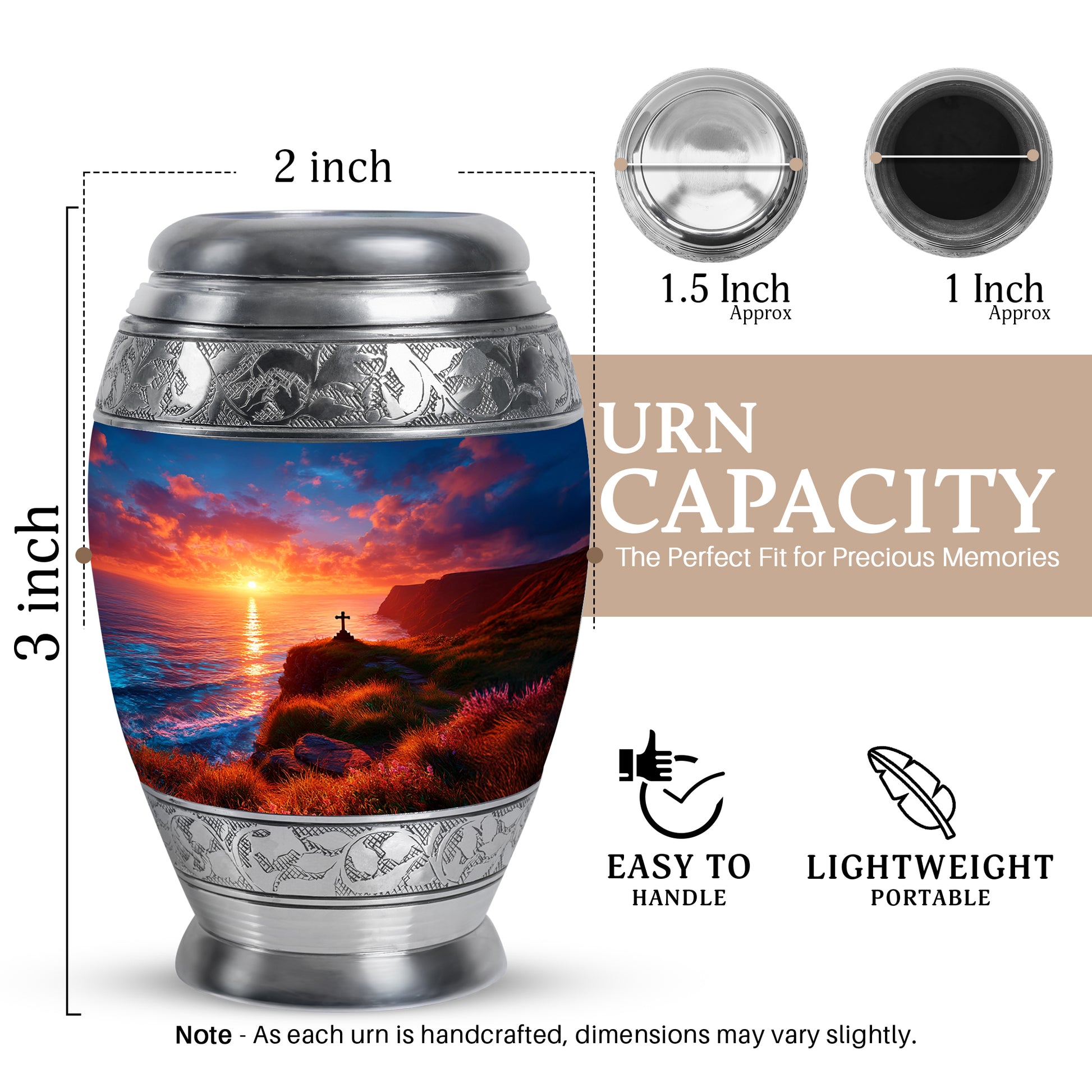 Steel Blue Cross Cremation Urn lifestyle display on memorial shelf - royal cross engraving with decorative scrollwork - mini keepsake memorial for portion of cremation ashes