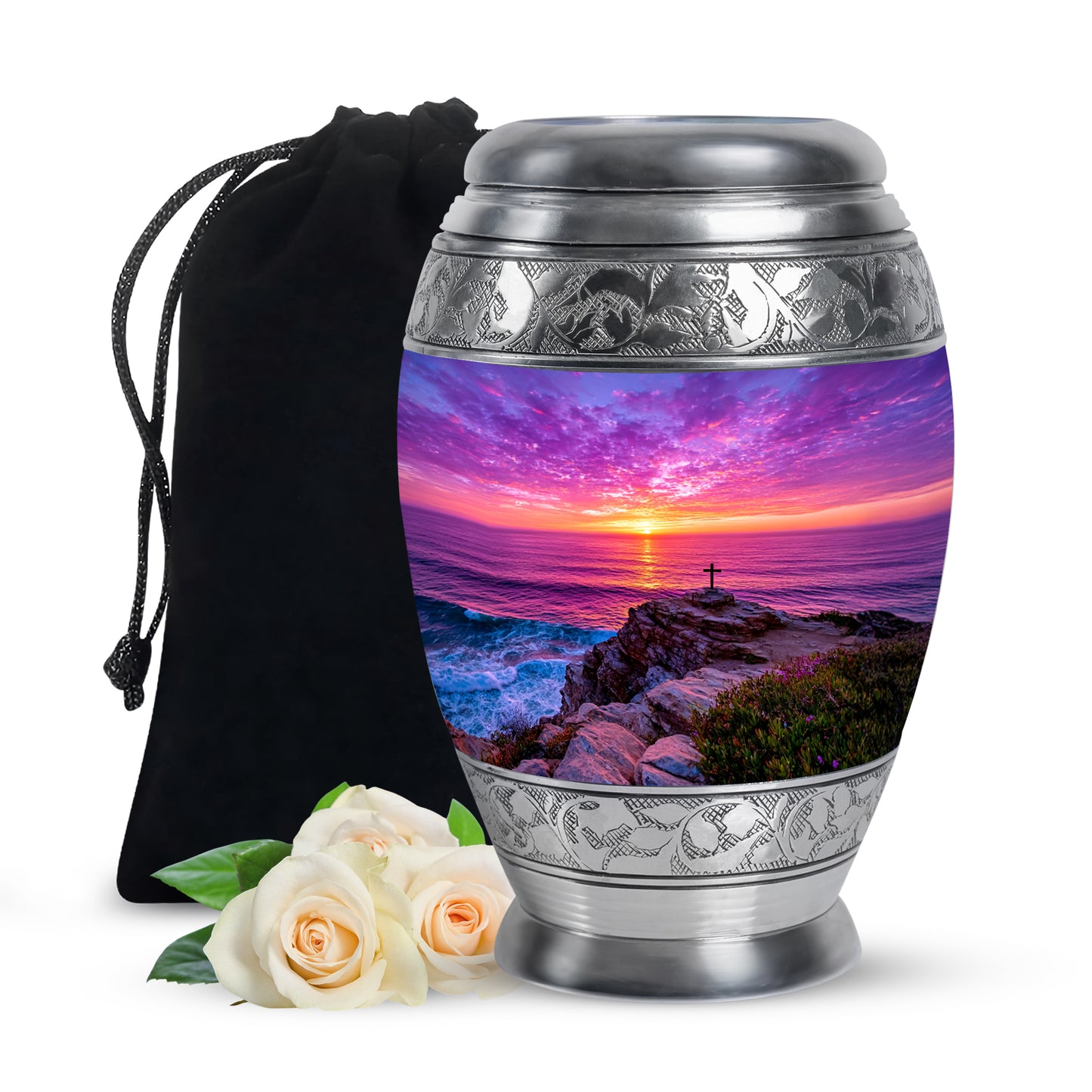 Vivid Blue Cross Cremation Urn back view with polished surface - royal cross engraving with decorative scrollwork - full-size 10 inch 200 cubic inch adult cremation urn