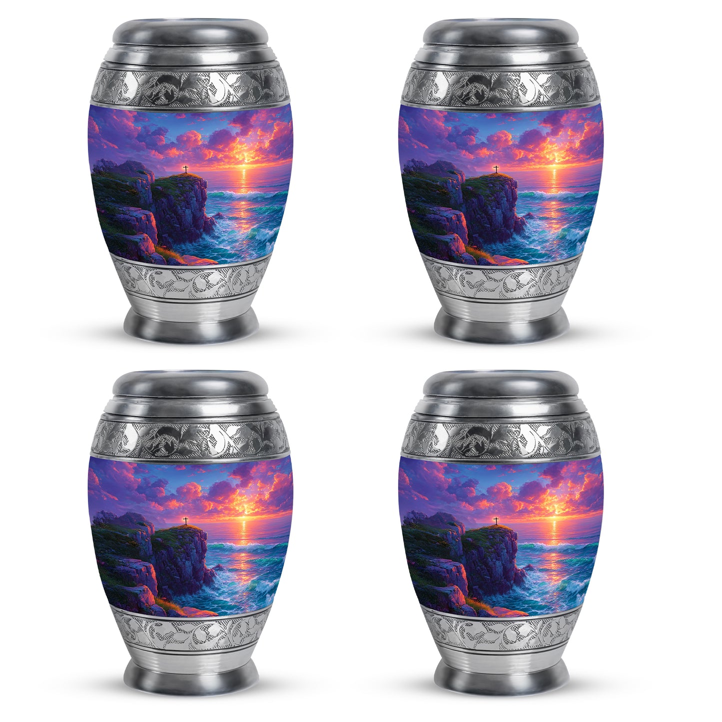 Vivid Blue Cross Cremation Urn urn with complimentary velvet bag - royal cross engraving with decorative scrollwork - 10 inch aluminum urn for cremated remains