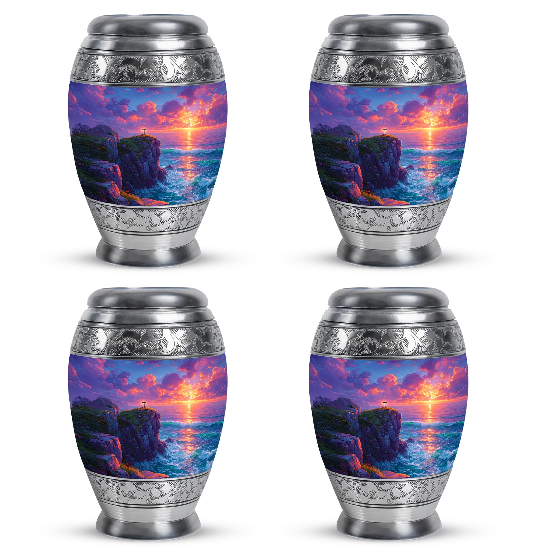 Vivid Blue Cross Cremation Urn urn with complimentary velvet bag - royal cross engraving with decorative scrollwork - 10 inch aluminum urn for cremated remains