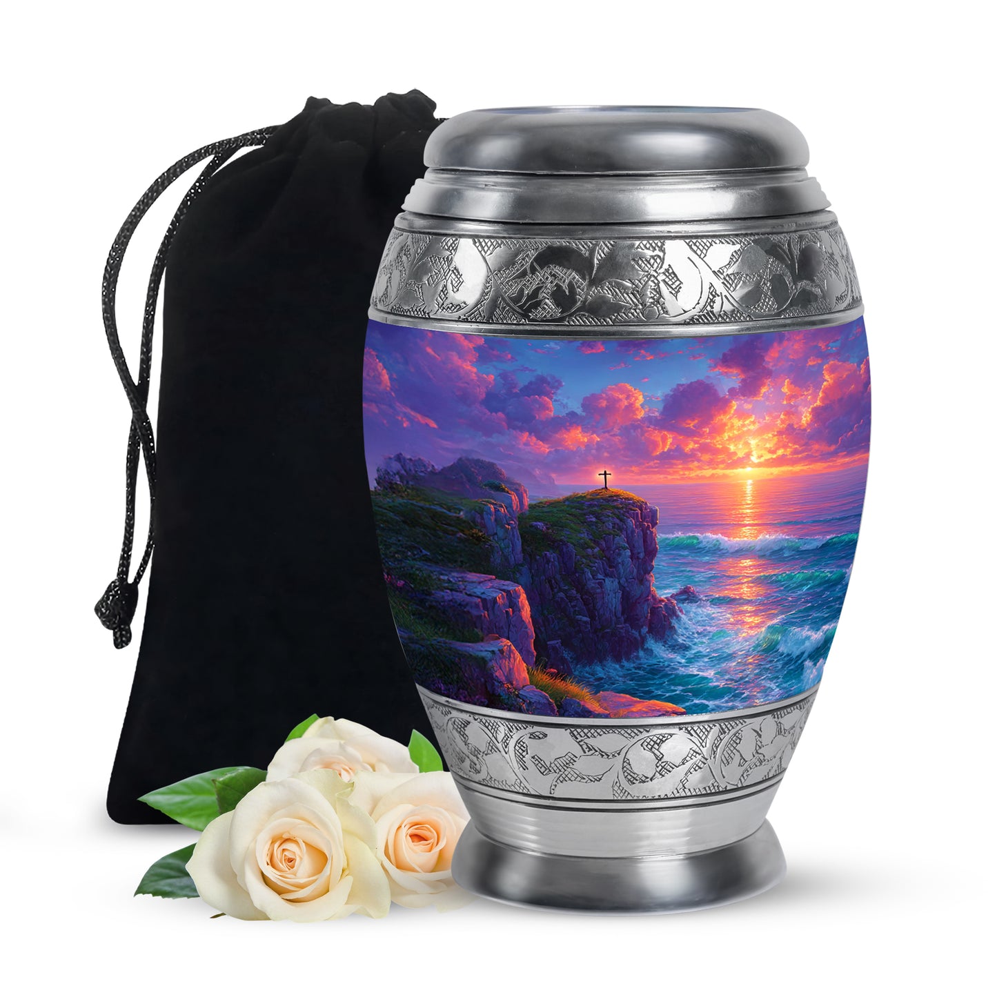 Bright Blue Cross Cremation Urn back view with polished surface - royal cross engraving with decorative scrollwork - full-size 10 inch 200 cubic inch adult cremation urn