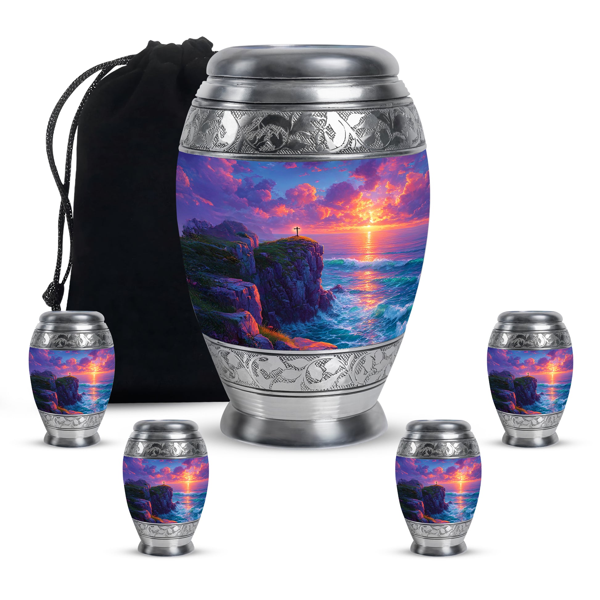 Indigo Cross Cremation Urn detail view - regal cross design with crown-inspired accents - memorial set with one large and four small urns