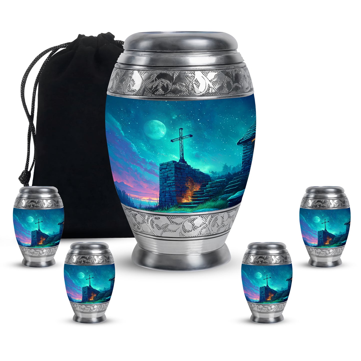 Bright Blue Cross Cremation Urn detail view - majestic cross pattern with filigree border - memorial set with one large and four small urns