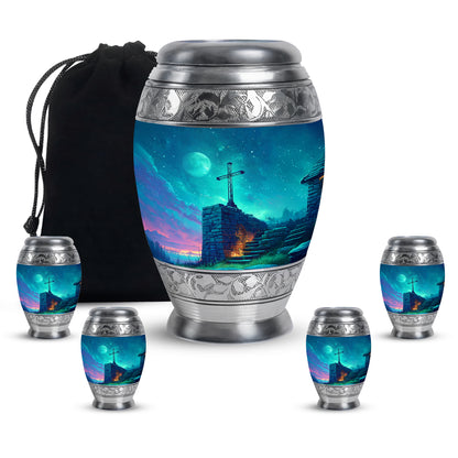 Bright Blue Cross Cremation Urn detail view - majestic cross pattern with filigree border - memorial set with one large and four small urns
