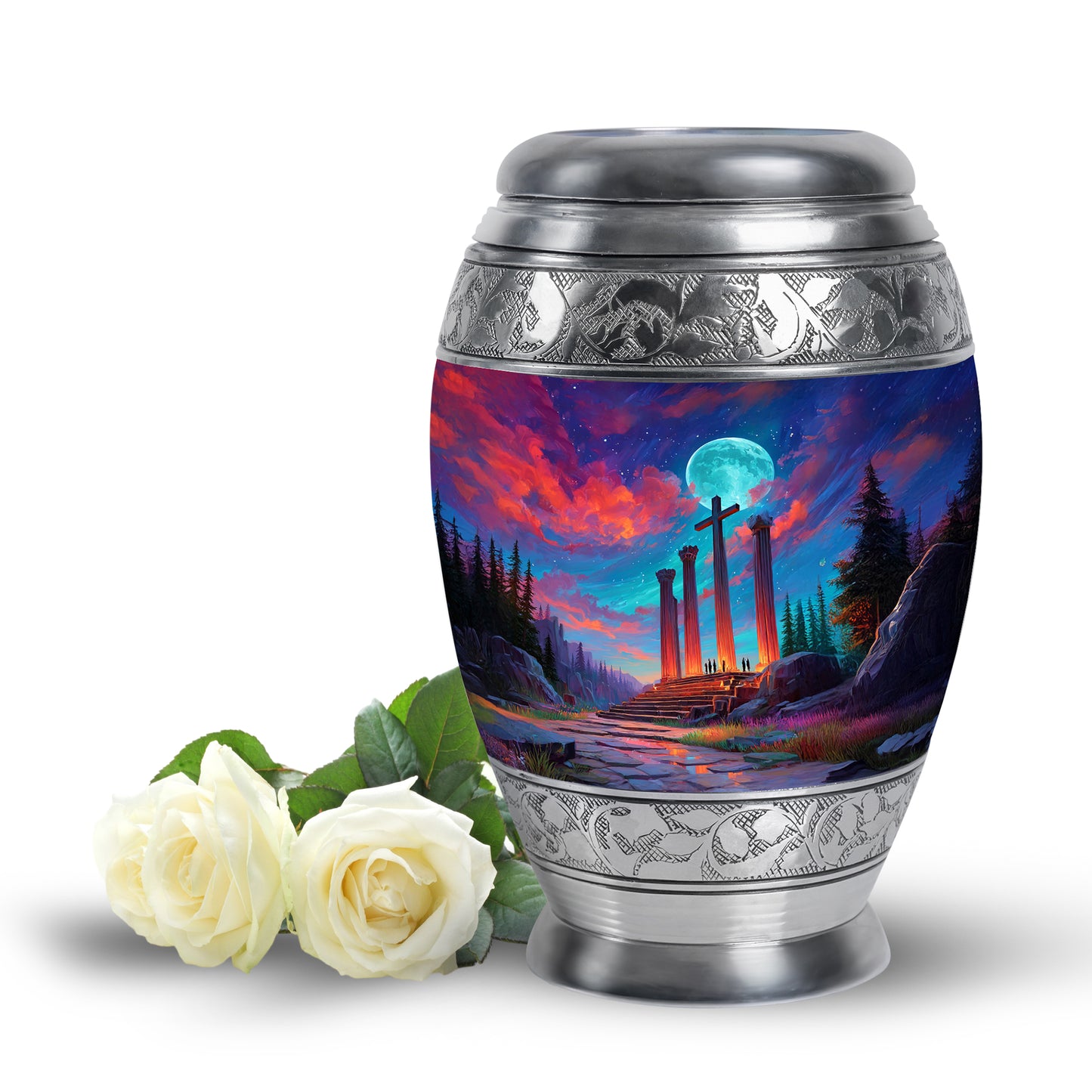 Blue Exquisite Cross Memorial Urn for Ashes - 10-inch, 200 cu in - Yatskia