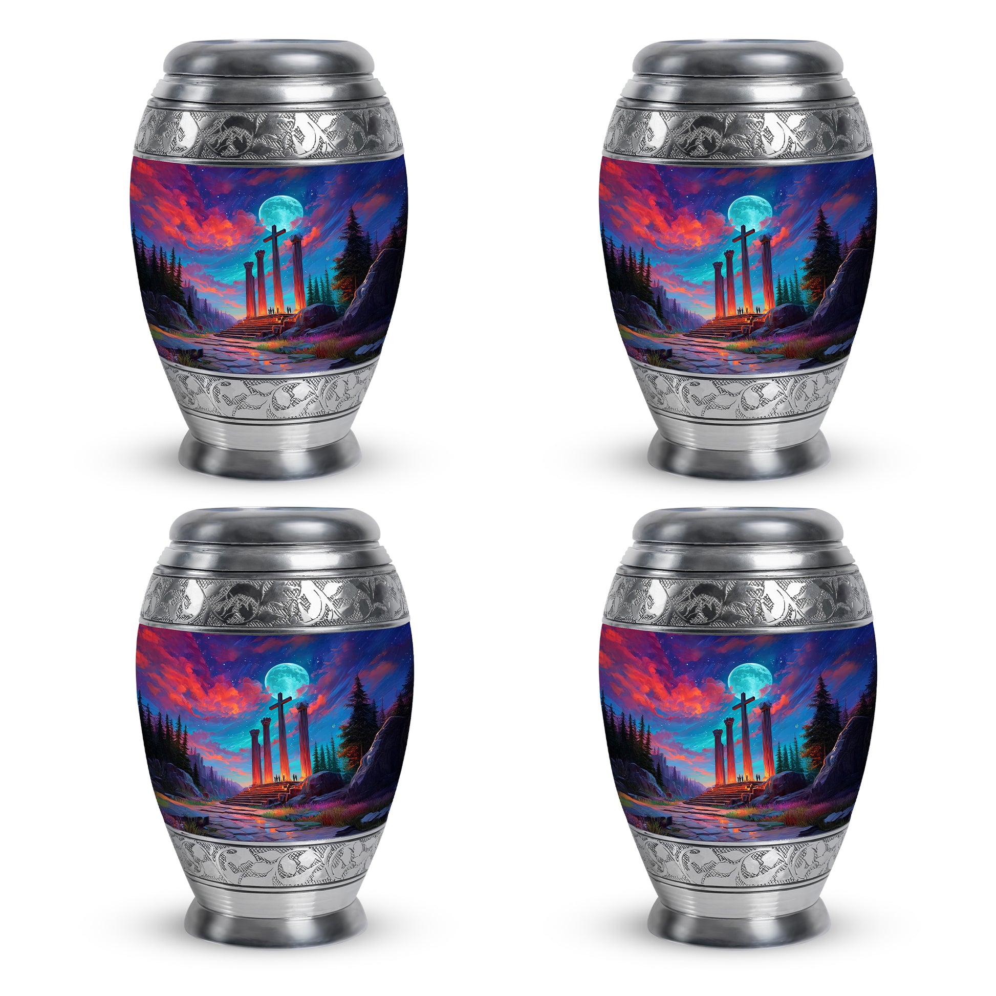 Steel Blue Cross Cremation Urn urn with complimentary velvet bag - majestic cross pattern with filigree border - 10 inch aluminum urn for cremated remains