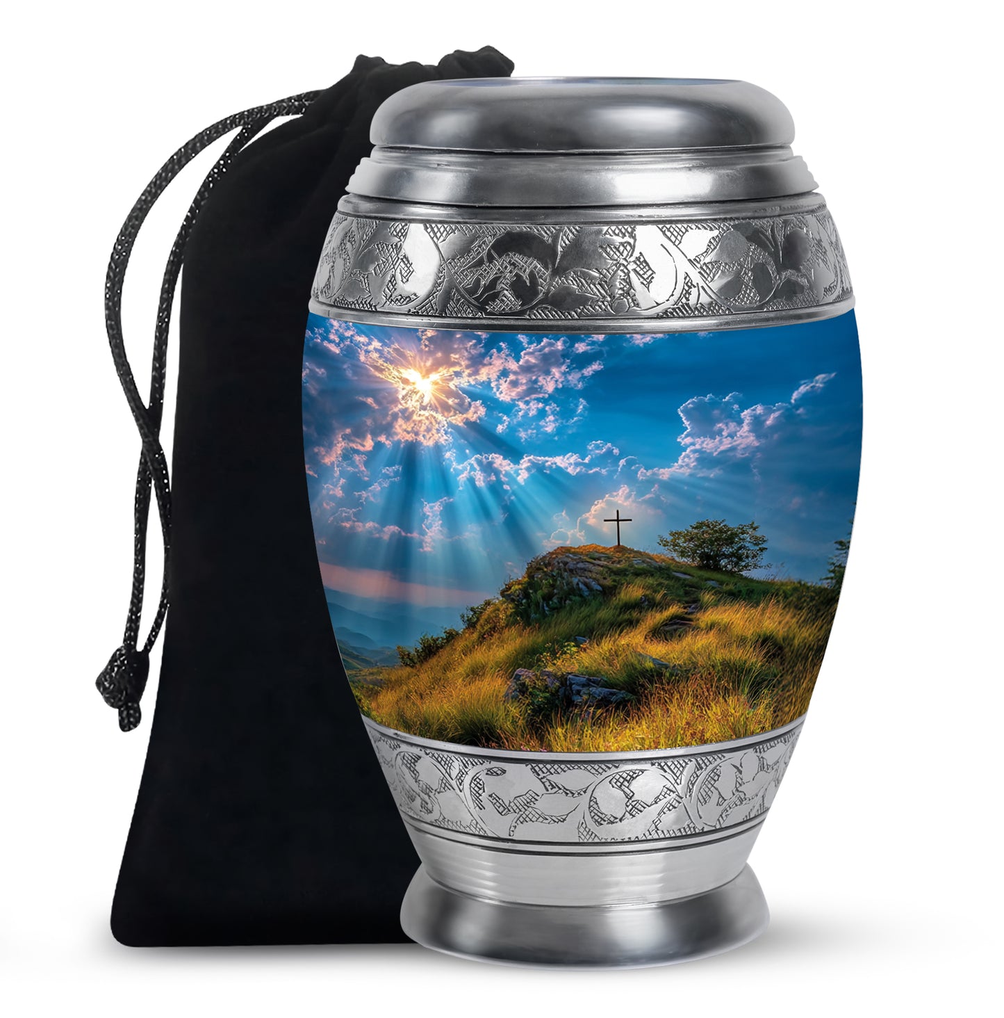 Pastel Blue Cross Cremation Urn back view with polished surface - ornate monarch-style cross relief on brushed aluminum - full-size 10 inch 200 cubic inch adult cremation urn