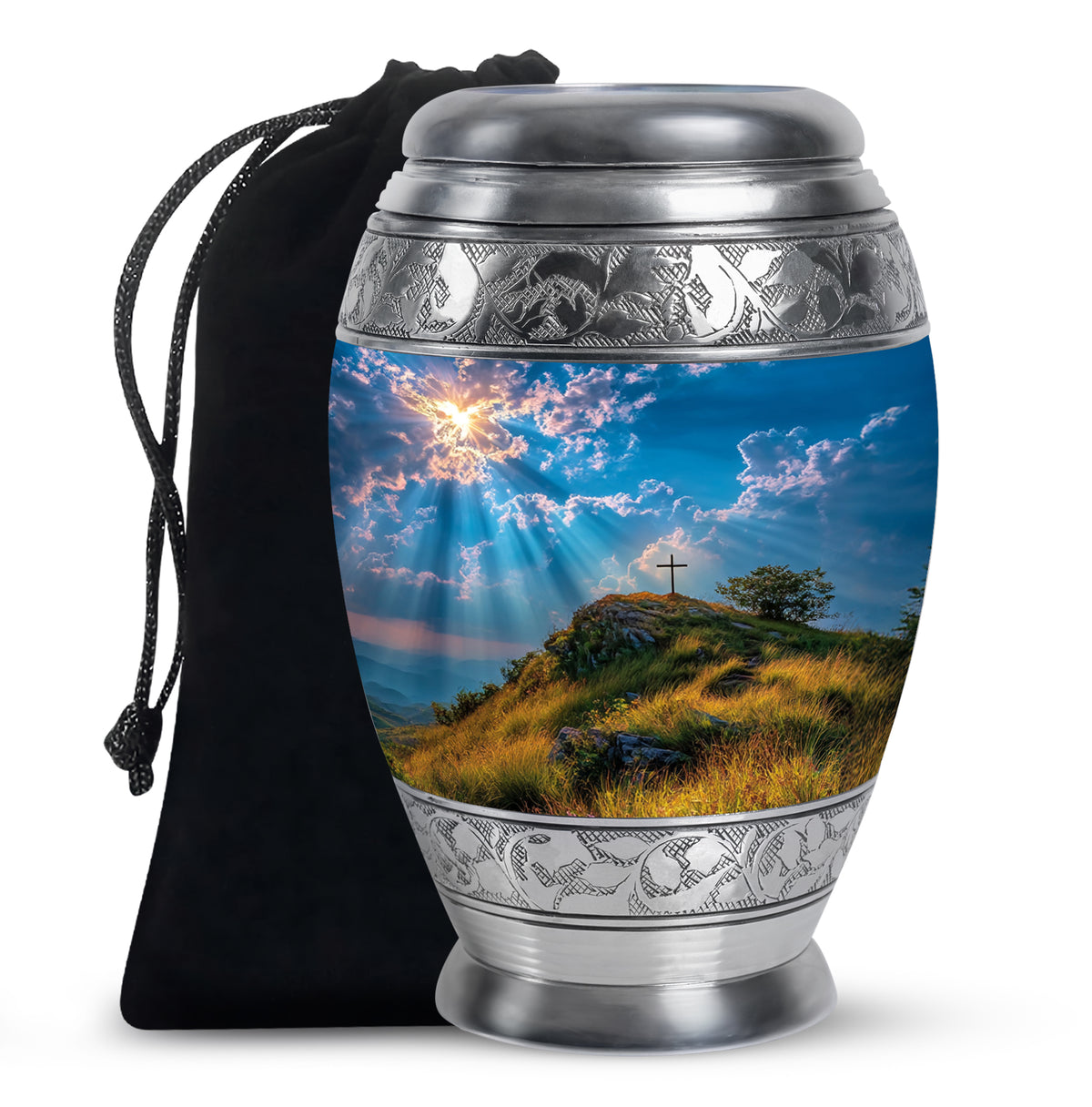 Pastel Blue Cross Cremation Urn back view with polished surface - ornate monarch-style cross relief on brushed aluminum - full-size 10 inch 200 cubic inch adult cremation urn