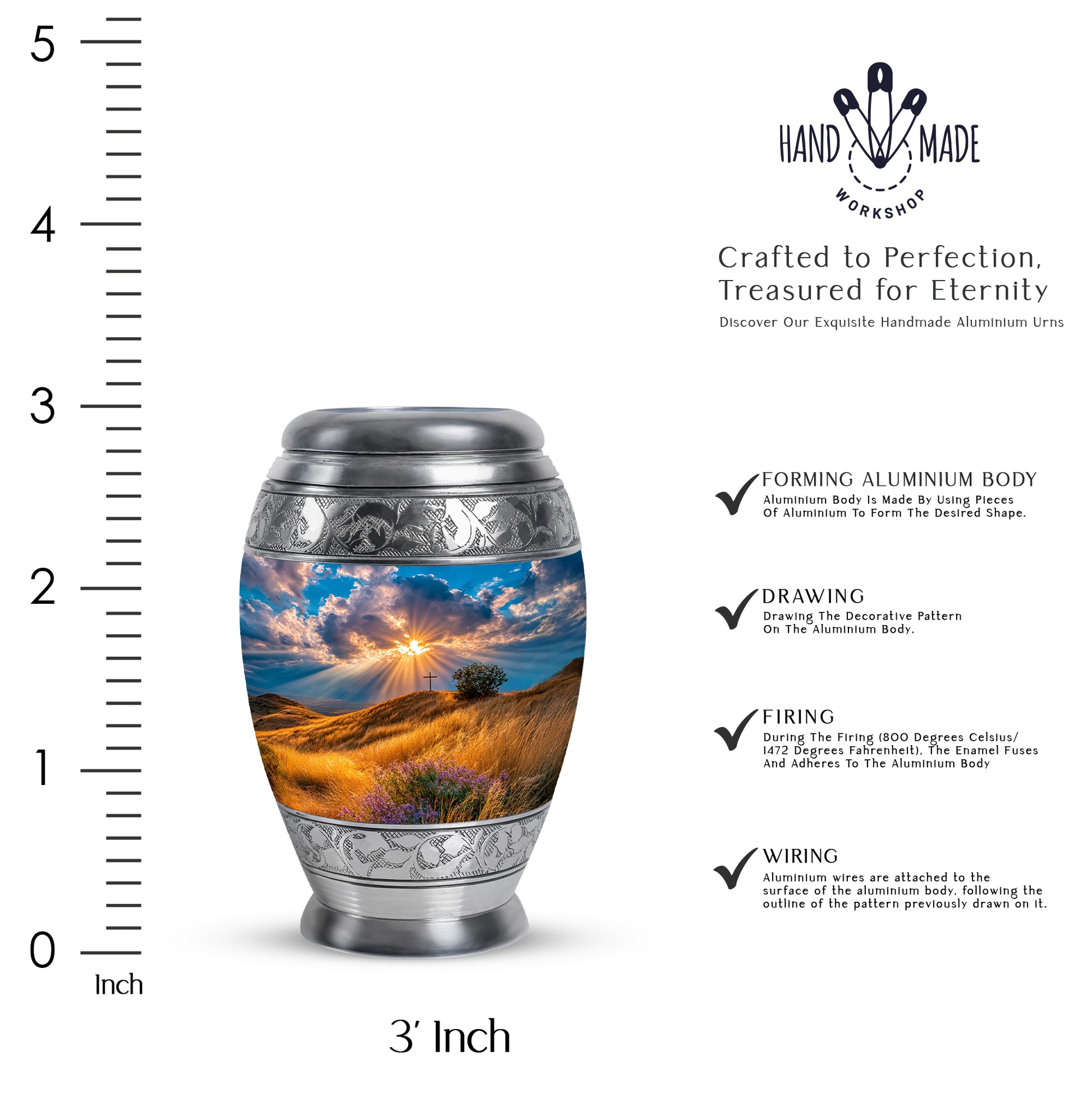Royal Blue Cross Cremation Urn lifestyle display on memorial shelf - majestic cross pattern with filigree border - mini keepsake memorial for portion of cremation ashes