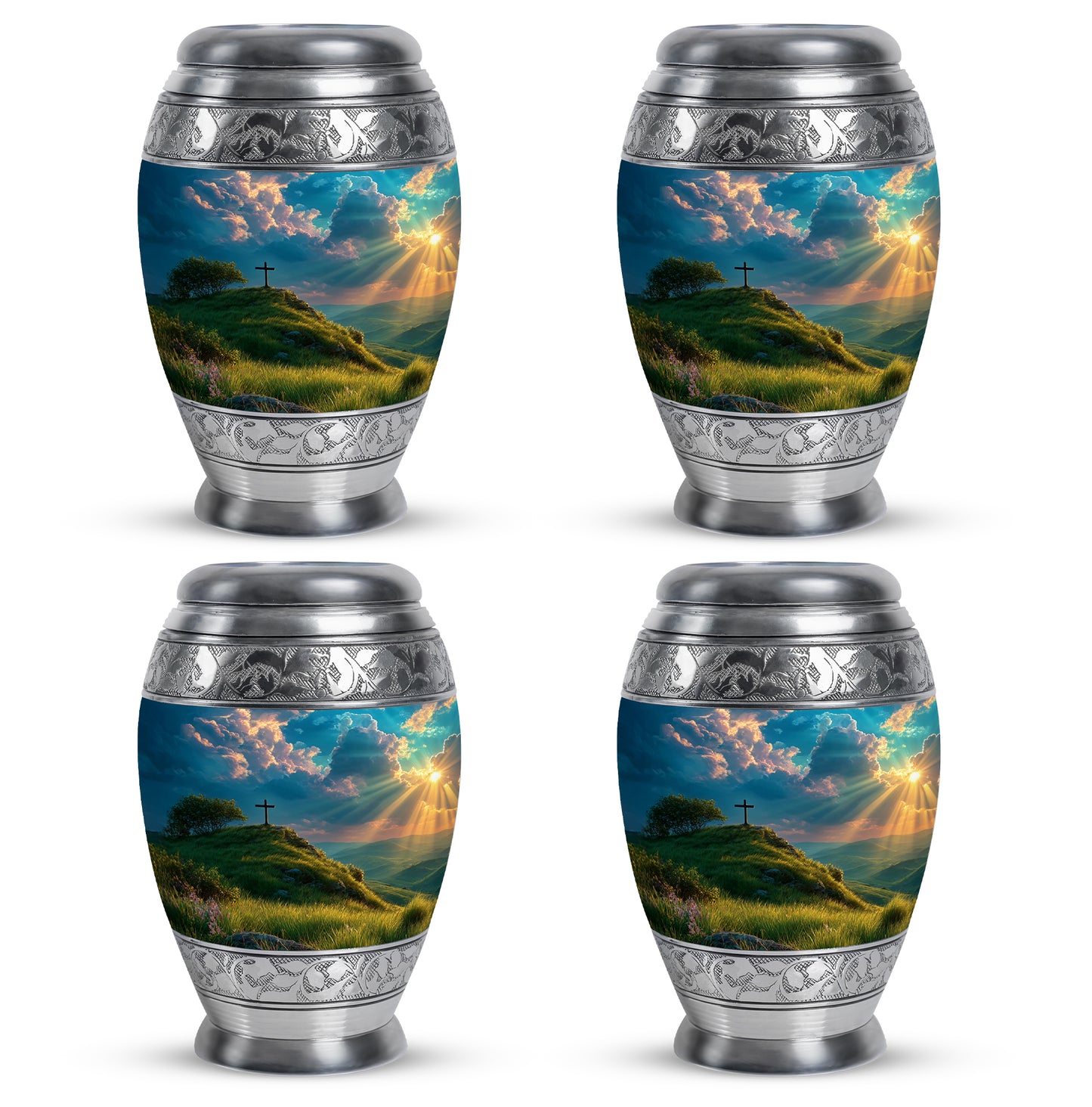 Ocean Teal Cross Cremation Urn urn with complimentary velvet bag - regal cross design with crown-inspired accents - 10 inch aluminum urn for cremated remains