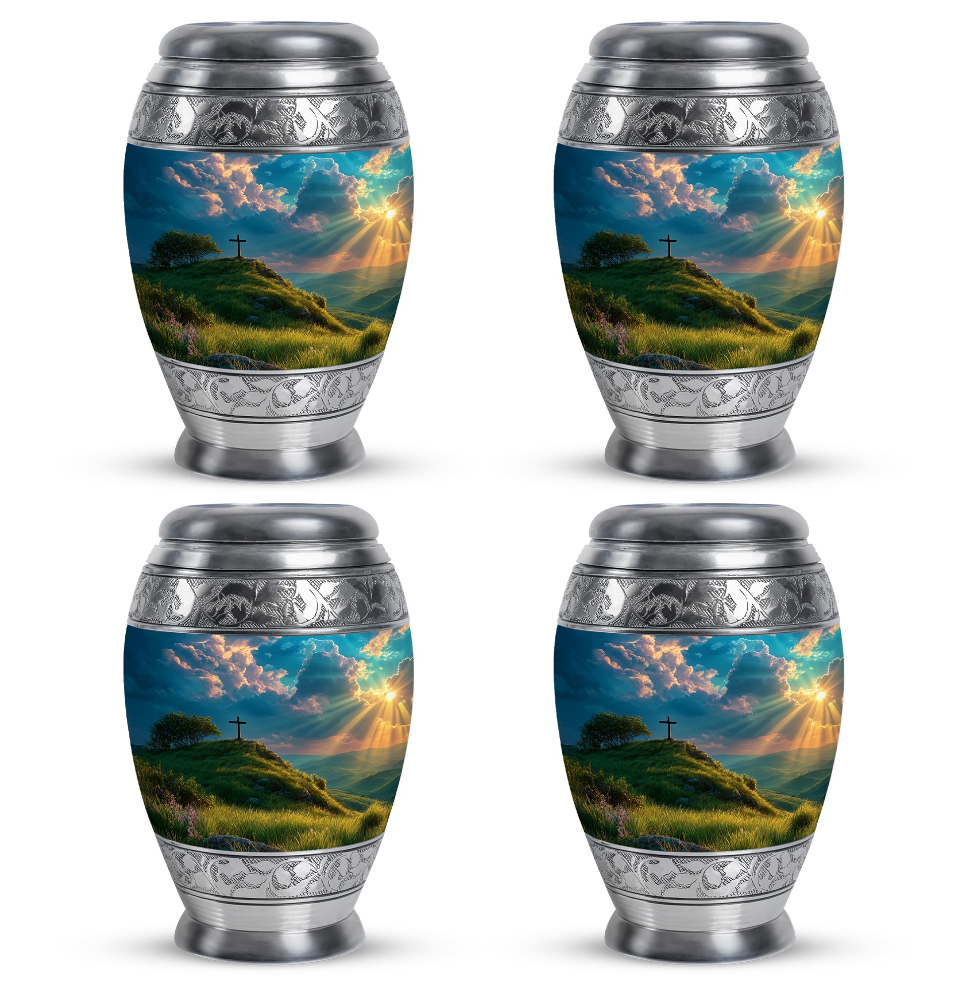 Ocean Teal Cross Cremation Urn urn with complimentary velvet bag - regal cross design with crown-inspired accents - 10 inch aluminum urn for cremated remains
