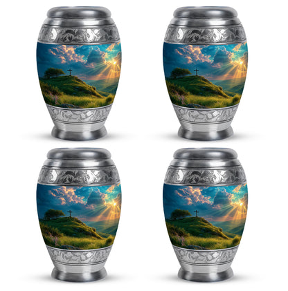 Ocean Teal Cross Cremation Urn urn with complimentary velvet bag - regal cross design with crown-inspired accents - 10 inch aluminum urn for cremated remains
